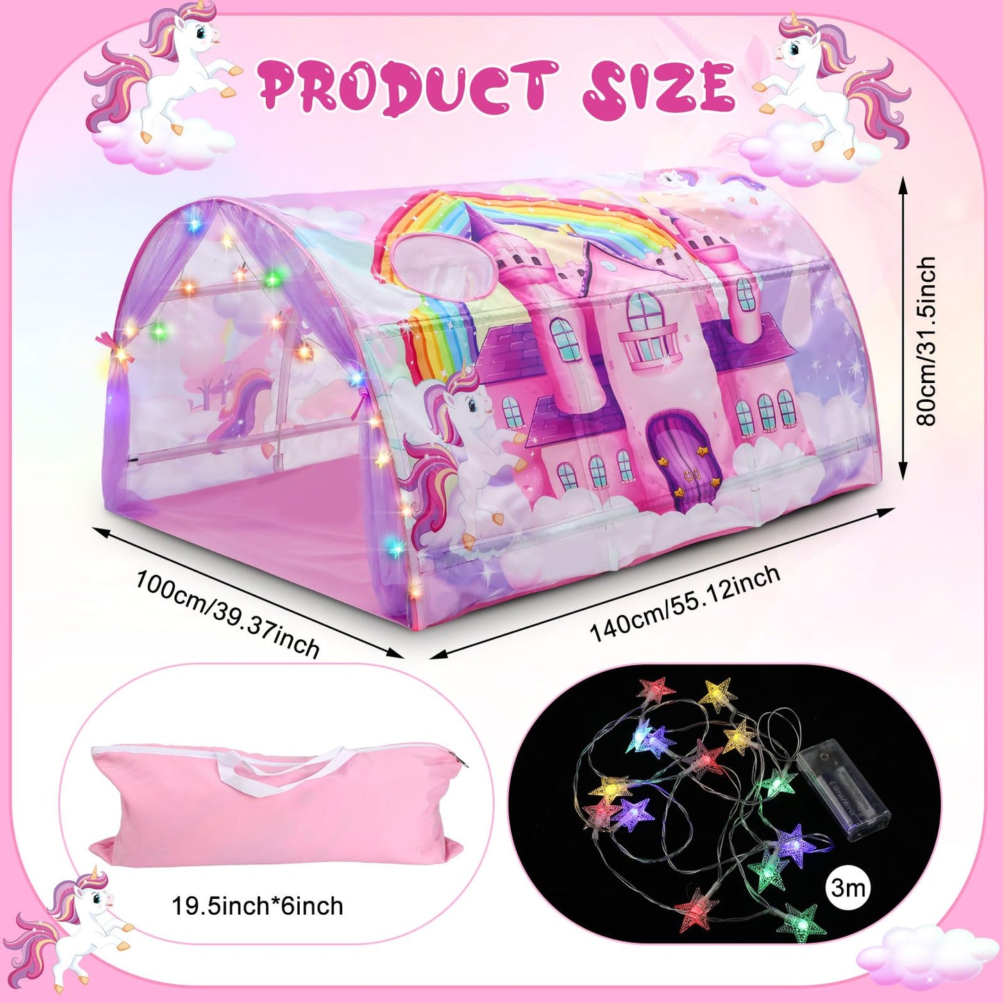 Wowangce Unicorn Bed Tent for Kids – Large Foldable Twin Play Tent with String Lights