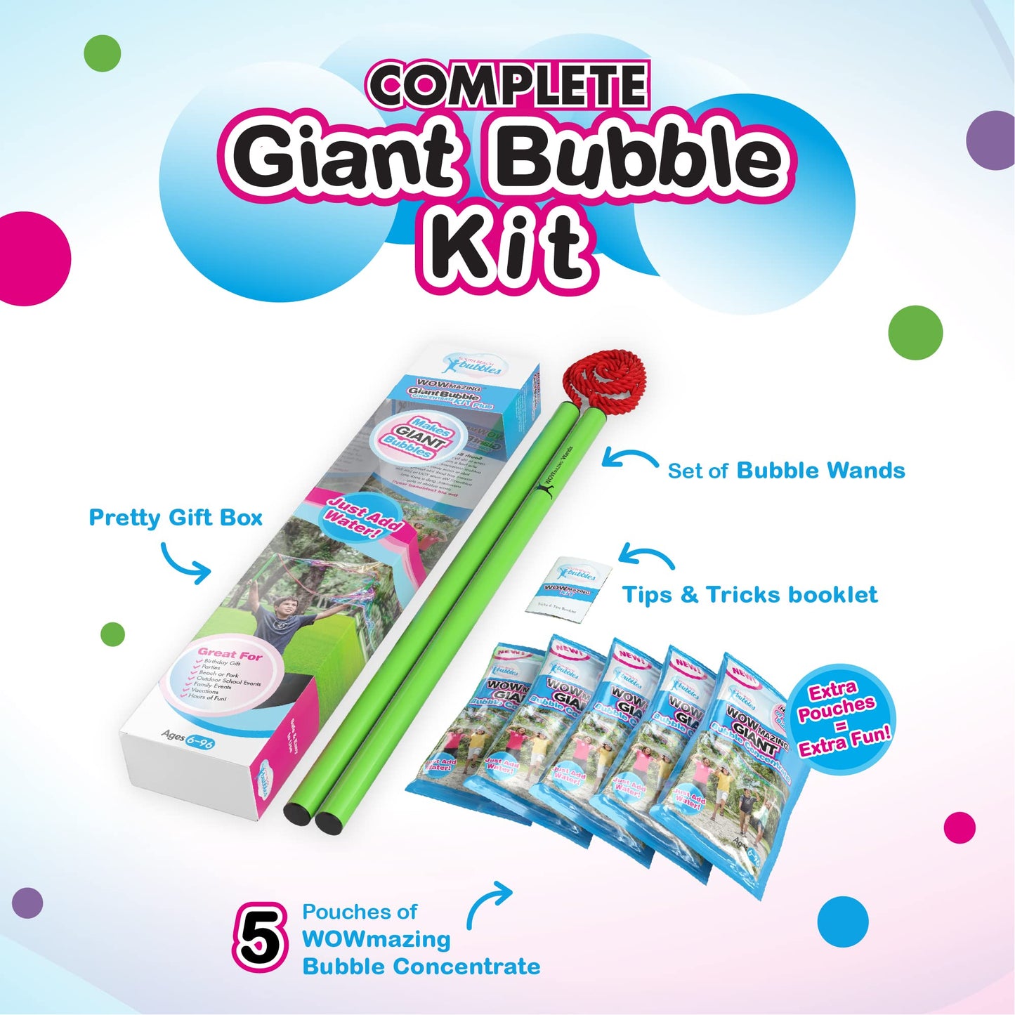 WOWMAZING Giant Bubbles Kit Plus – Large Wand & 1.5 Gallon Bubble Mix