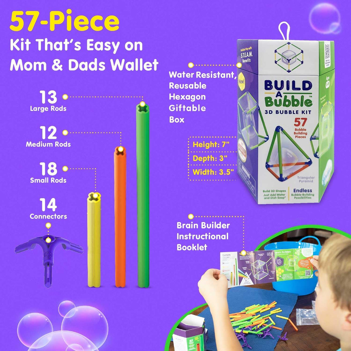 WOWMAZING Build A Bubble Montessori 3D Bubble Maker Kit for Kids 8+ – 57-Piece STEM Building Toy