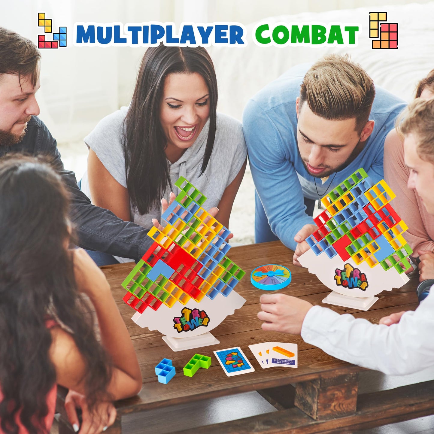 WOWNOVA 64PCS Deluxe Tetra Tower Game – Family Night Fun, Balance Stacking Blocks, Prize Wheel & Storage Box