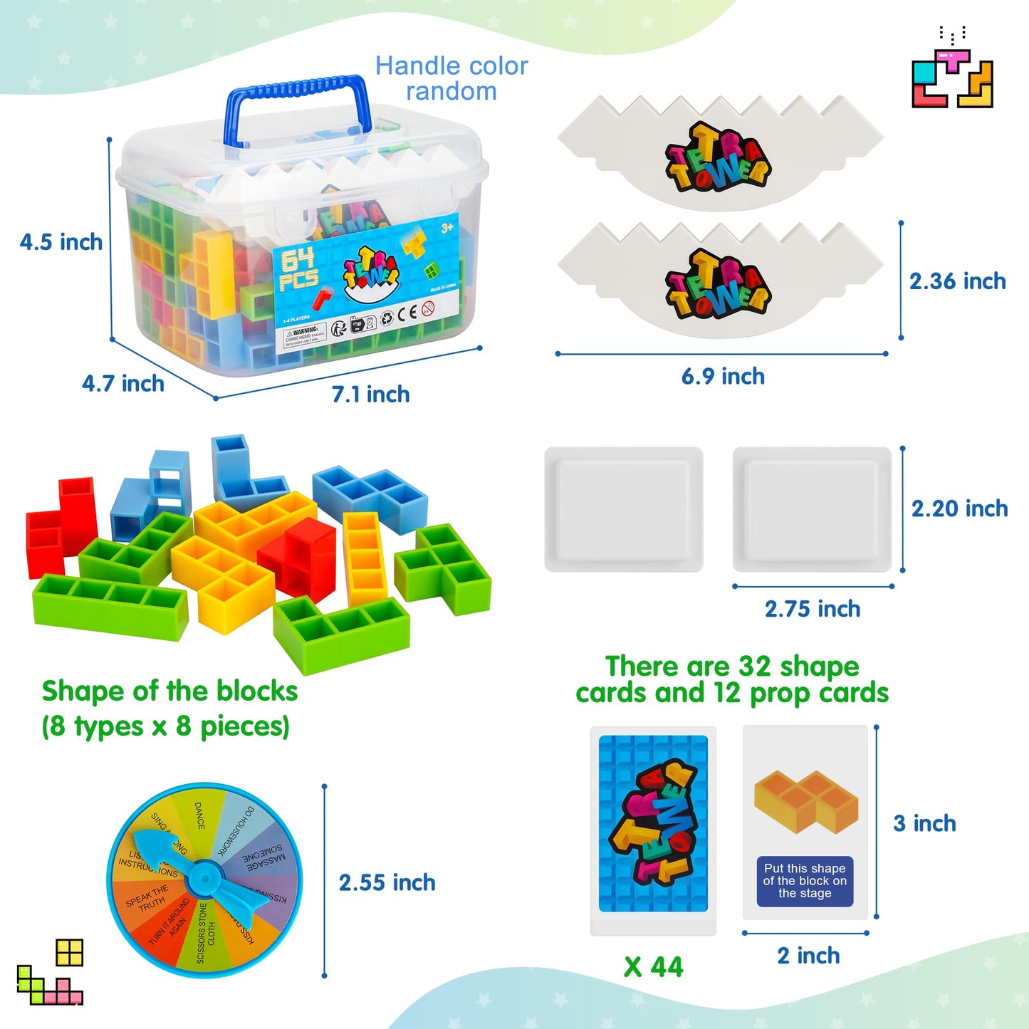 WOWNOVA 64PCS Deluxe Tetra Tower Game – Family Night Fun, Balance Stacking Blocks, Prize Wheel & Storage Box