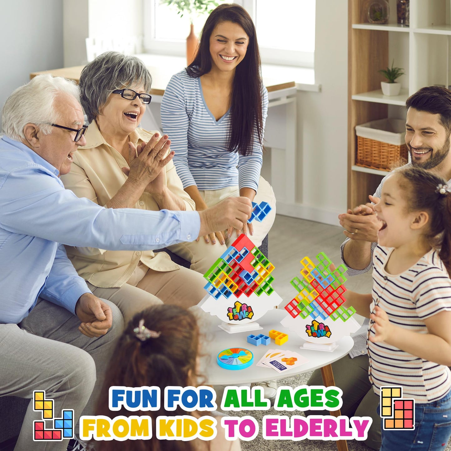 WOWNOVA 64PCS Deluxe Tetra Tower Game – Family Night Fun, Balance Stacking Blocks, Prize Wheel & Storage Box