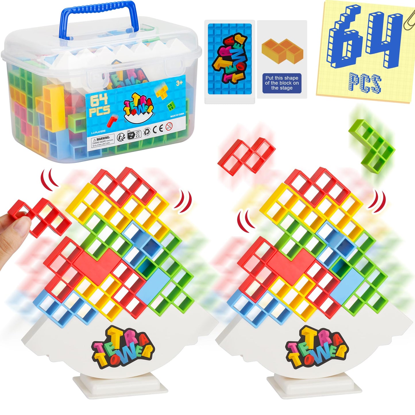 WOWNOVA 64PCS Deluxe Tetra Tower Game – Family Night Fun, Balance Stacking Blocks, Prize Wheel & Storage Box
