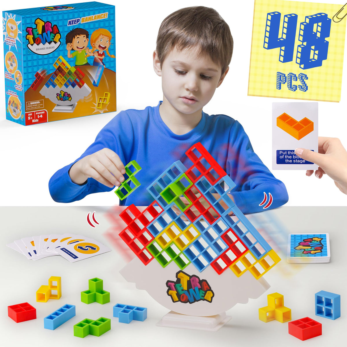 WOWNOVA 48pcs Tetra Tower – Stacking Block Game for Kids and Adults | Family Game Night
