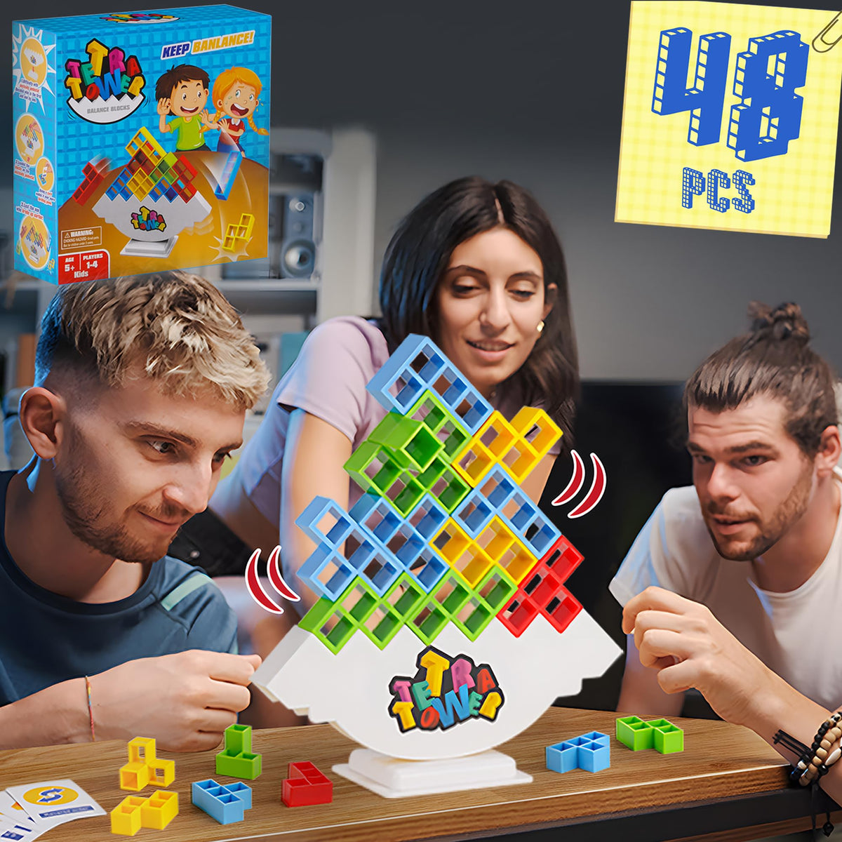 WOWNOVA 48pcs Tetra Tower – Stacking Block Game for Kids and Adults | Family Game Night