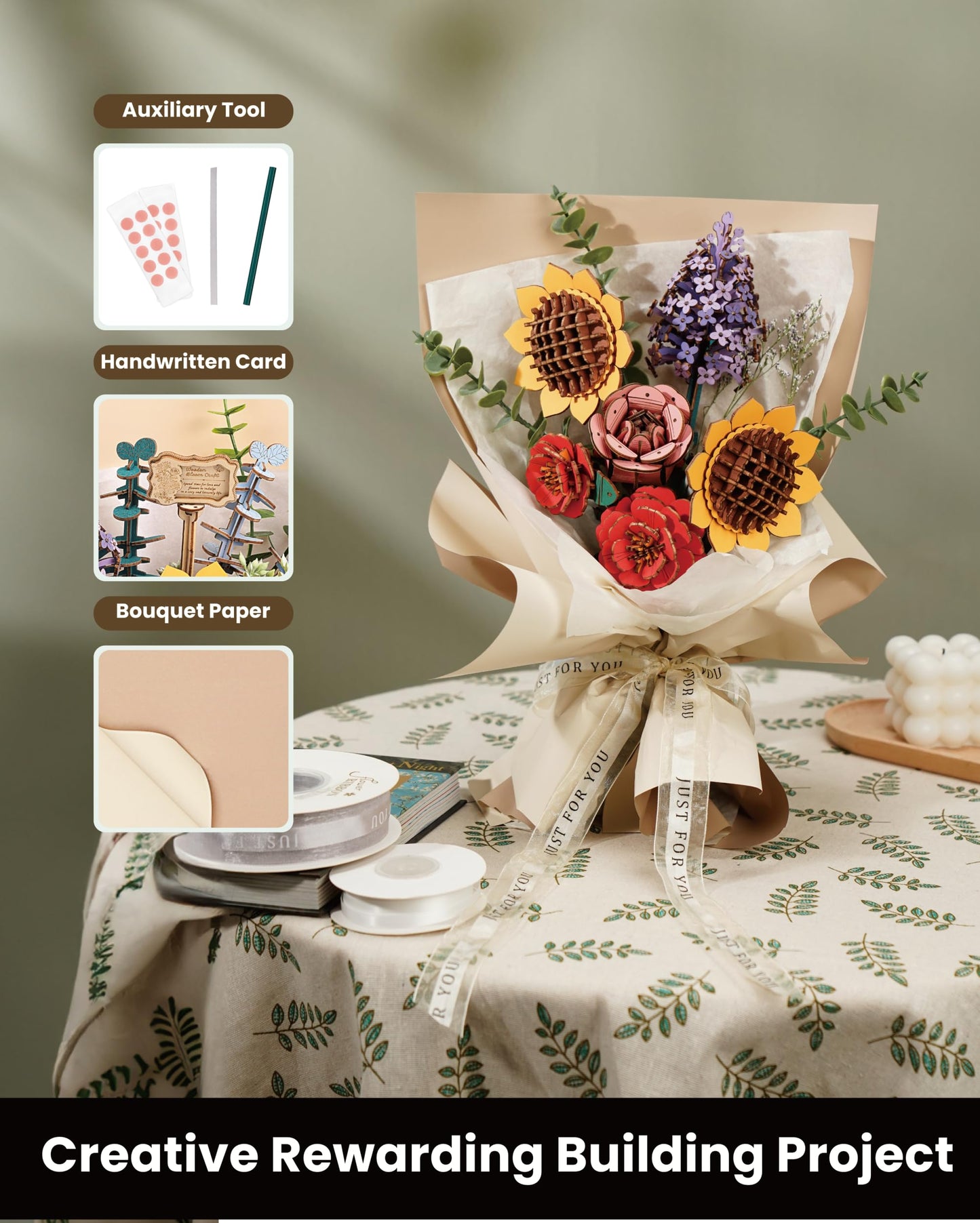 Wowood 3D Wooden Flower Bouquet Puzzles for Adults – Sunflower, Camellia, Rose, Lilac