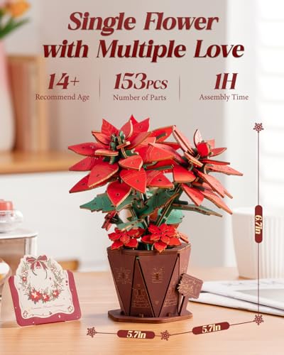 Wowood 3D Poinsettia Wooden Puzzle for Adults – DIY Flower Kit, 153 PCS