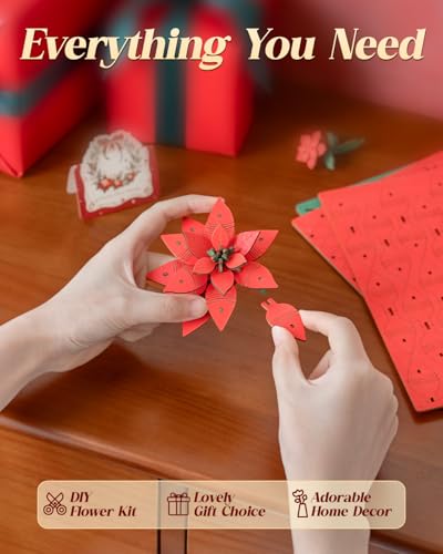 Wowood 3D Poinsettia Wooden Puzzle for Adults – DIY Flower Kit, 153 PCS
