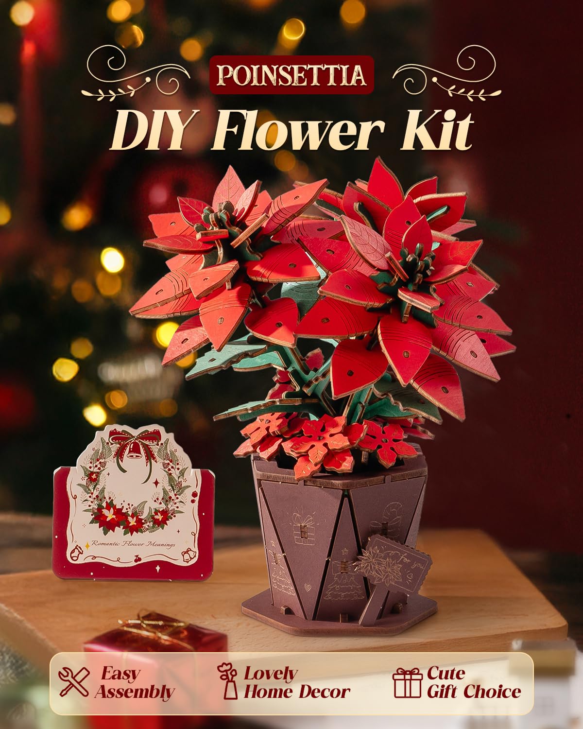 Wowood 3D Poinsettia Wooden Puzzle for Adults – DIY Flower Kit, 153 PCS