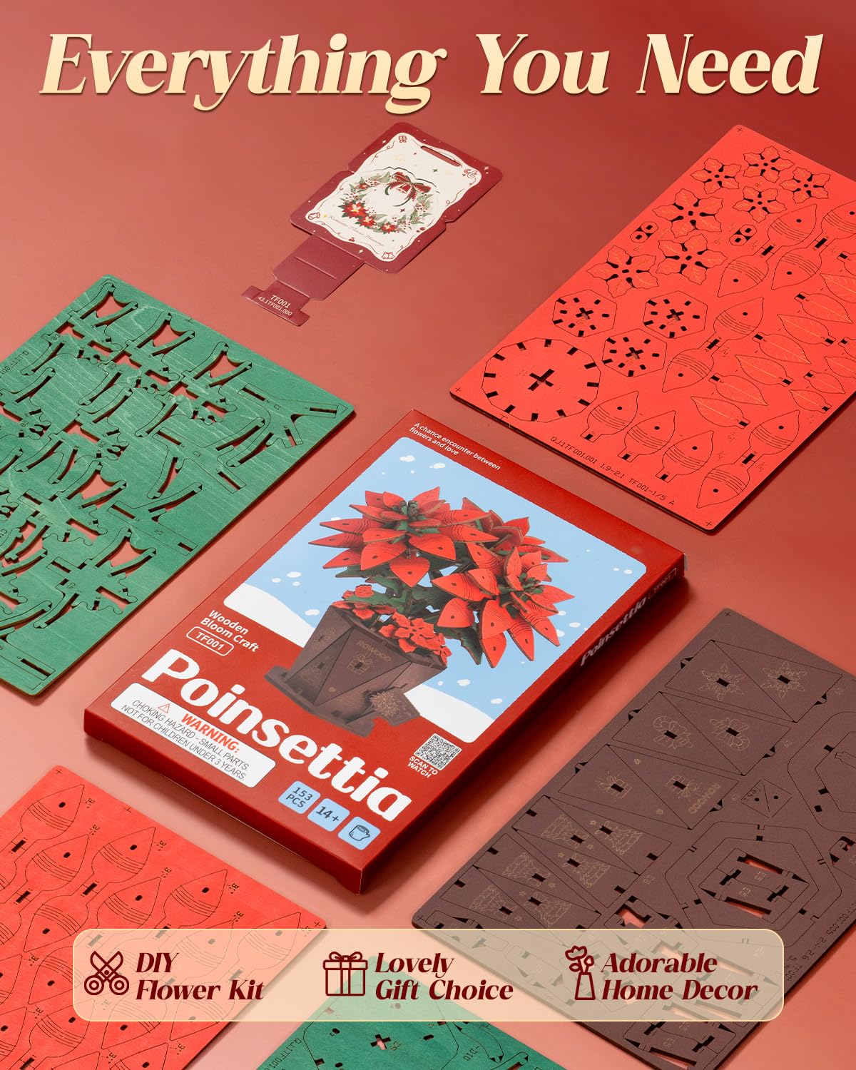 Wowood 3D Poinsettia Wooden Puzzle for Adults – DIY Flower Kit, 153 PCS