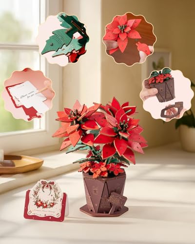 Wowood 3D Poinsettia Wooden Puzzle for Adults – DIY Flower Kit, 153 PCS