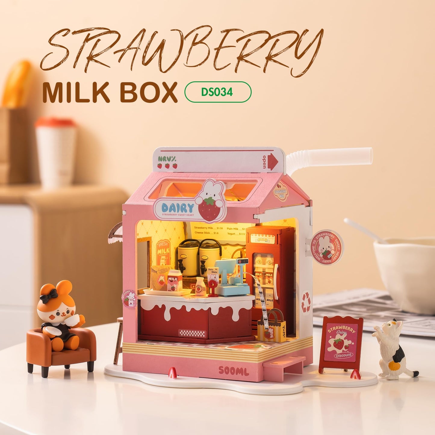 Wowood Strawberry Milkbox DIY Miniature Kit – Mini House Build for Miniverse Lifestyle Bookshelf Decor (14+)