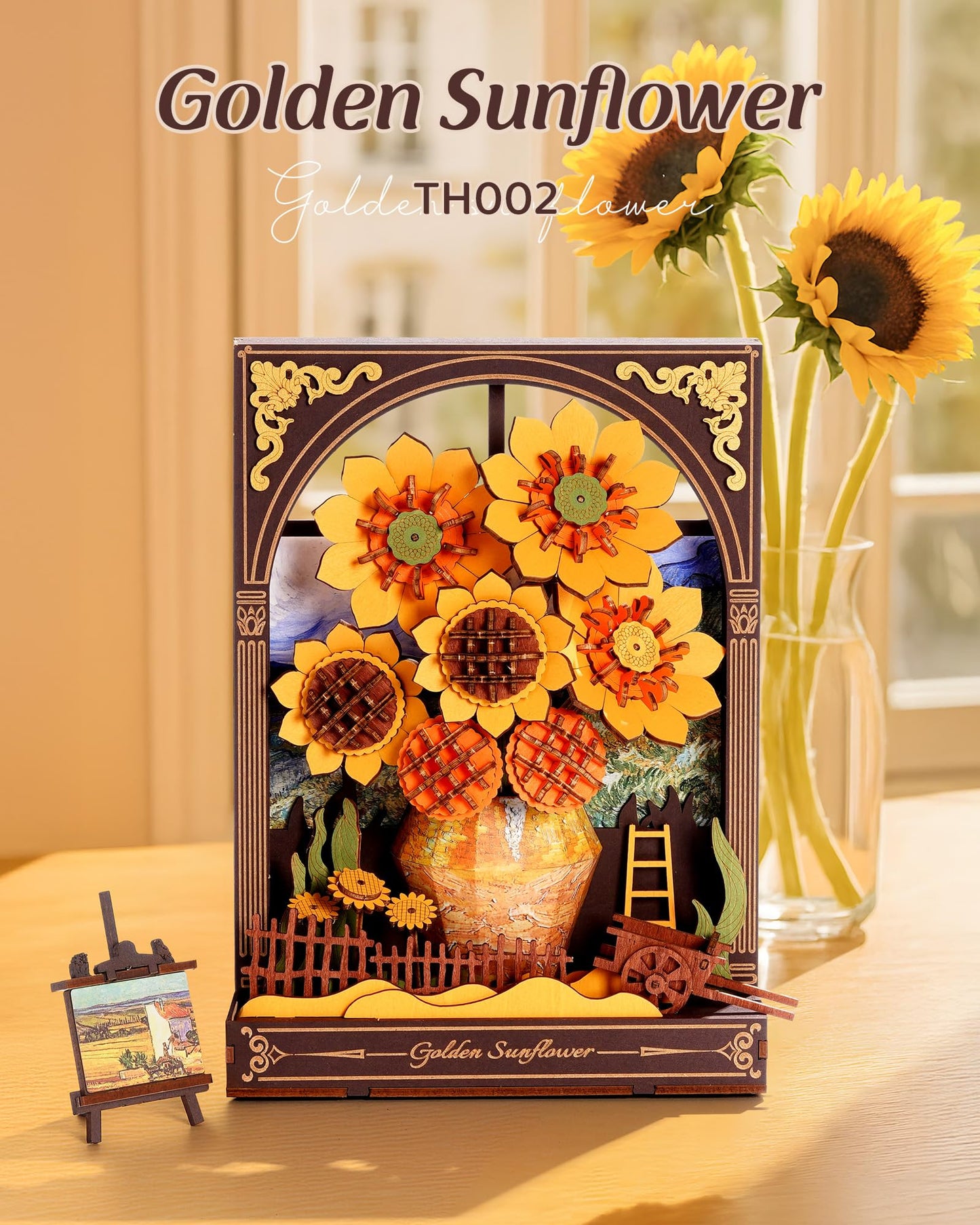 Wowood 3D Wooden Puzzle for Adults – Van Gogh Golden Sunflower DIY Kit with LED Light