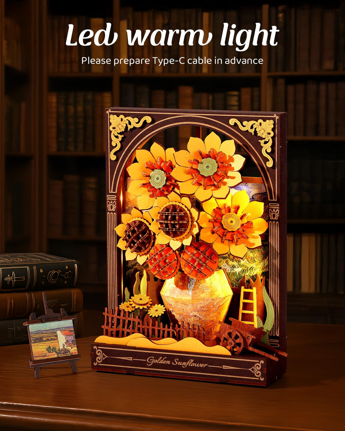 Wowood 3D Wooden Puzzle for Adults – Van Gogh Golden Sunflower DIY Kit with LED Light