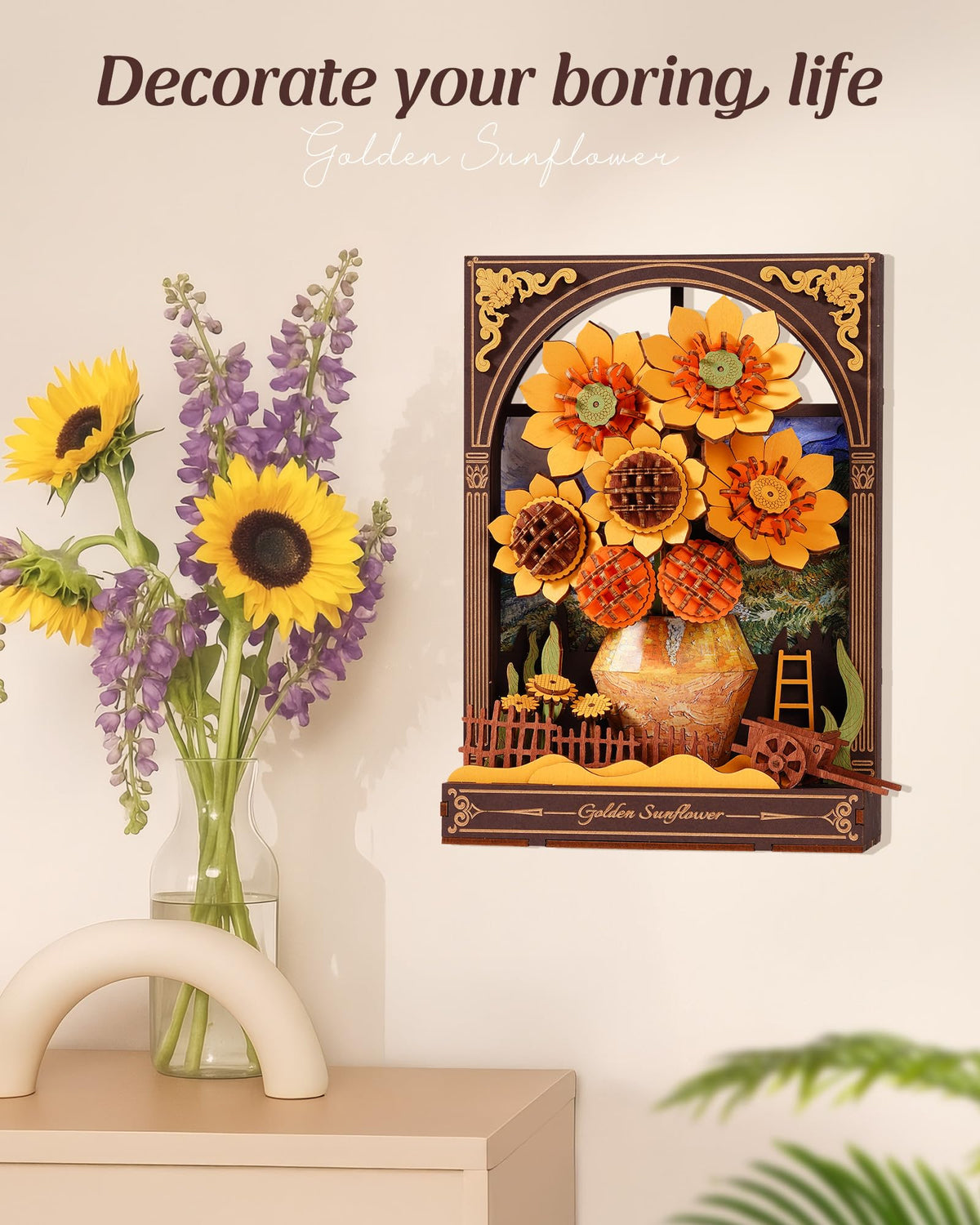 Wowood 3D Wooden Puzzle for Adults – Van Gogh Golden Sunflower DIY Kit with LED Light