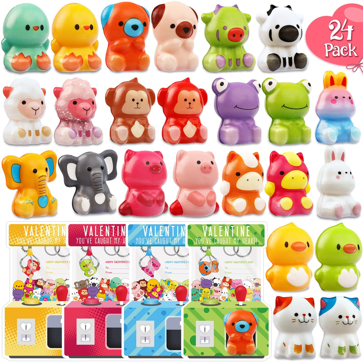 WOWSCAN Valentines Day Gifts for Kids – 24 Pack Animal Squishy Toys with Valentine Cards