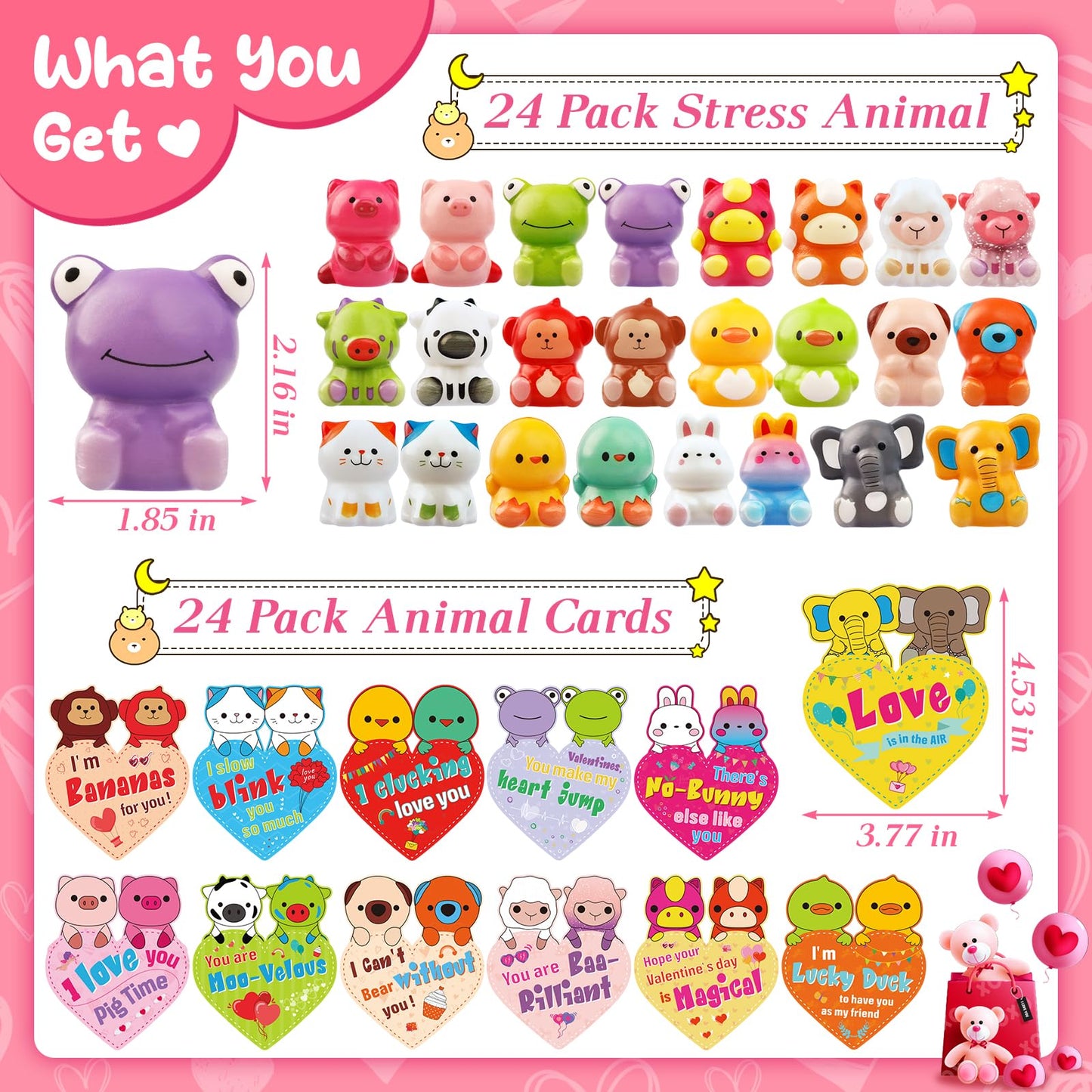 WOWSCAN 24-Pack Valentines Day Kids Animal Squishy Toys with Cards – Classroom Party Favors
