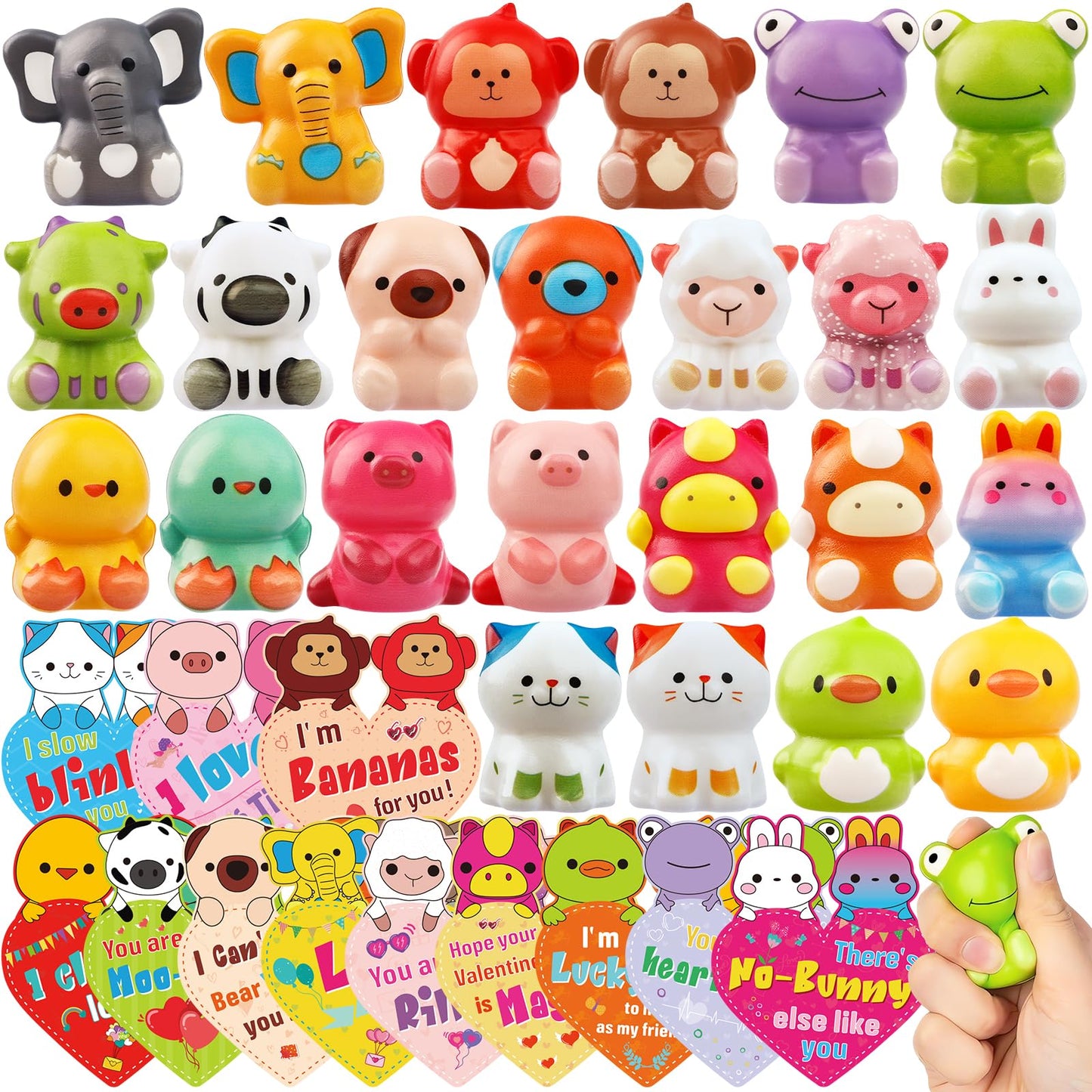 WOWSCAN 24-Pack Valentines Day Kids Animal Squishy Toys with Cards – Classroom Party Favors