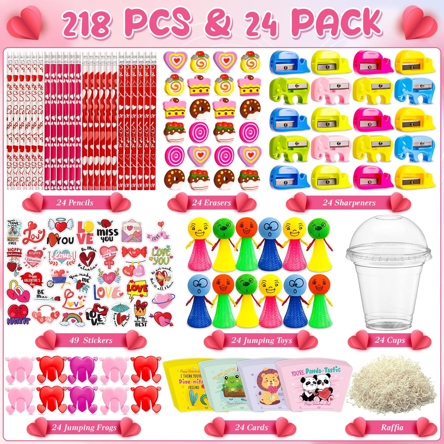WOWSCAN Valentines Day Classroom Gift Set — 24-Piece Stationery Gift for School (Cards, Cups, Pencils & More)