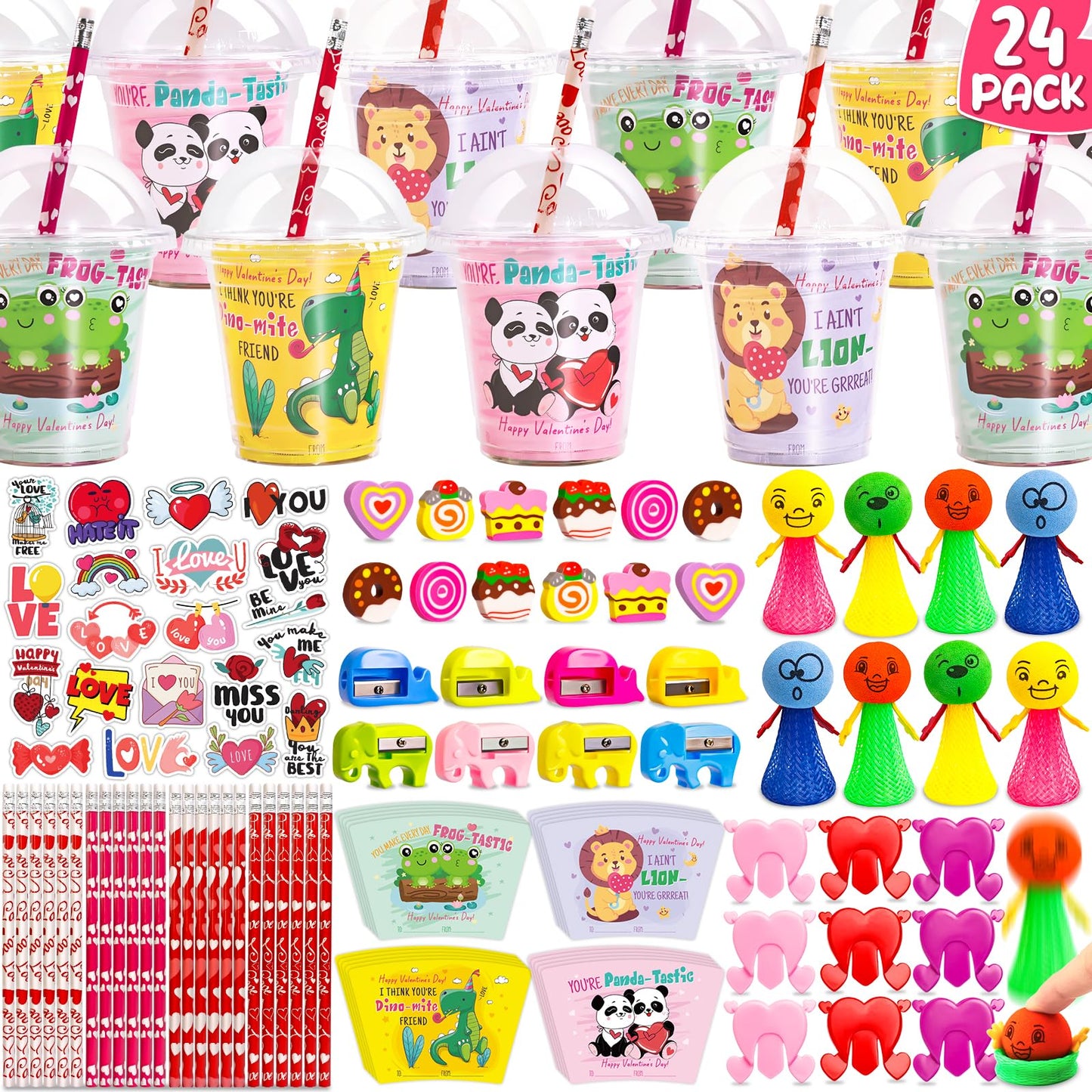 WOWSCAN Valentines Day Classroom Gift Set — 24-Piece Stationery Gift for School (Cards, Cups, Pencils & More)