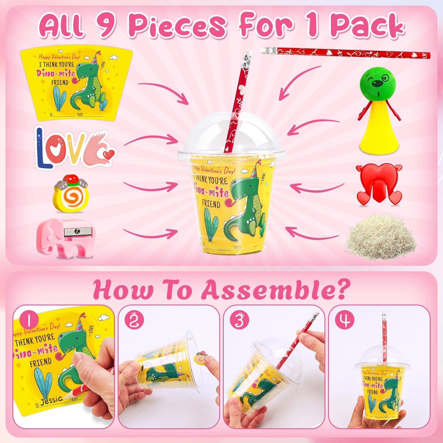 WOWSCAN Valentines Day Classroom Gift Set — 24-Piece Stationery Gift for School (Cards, Cups, Pencils & More)