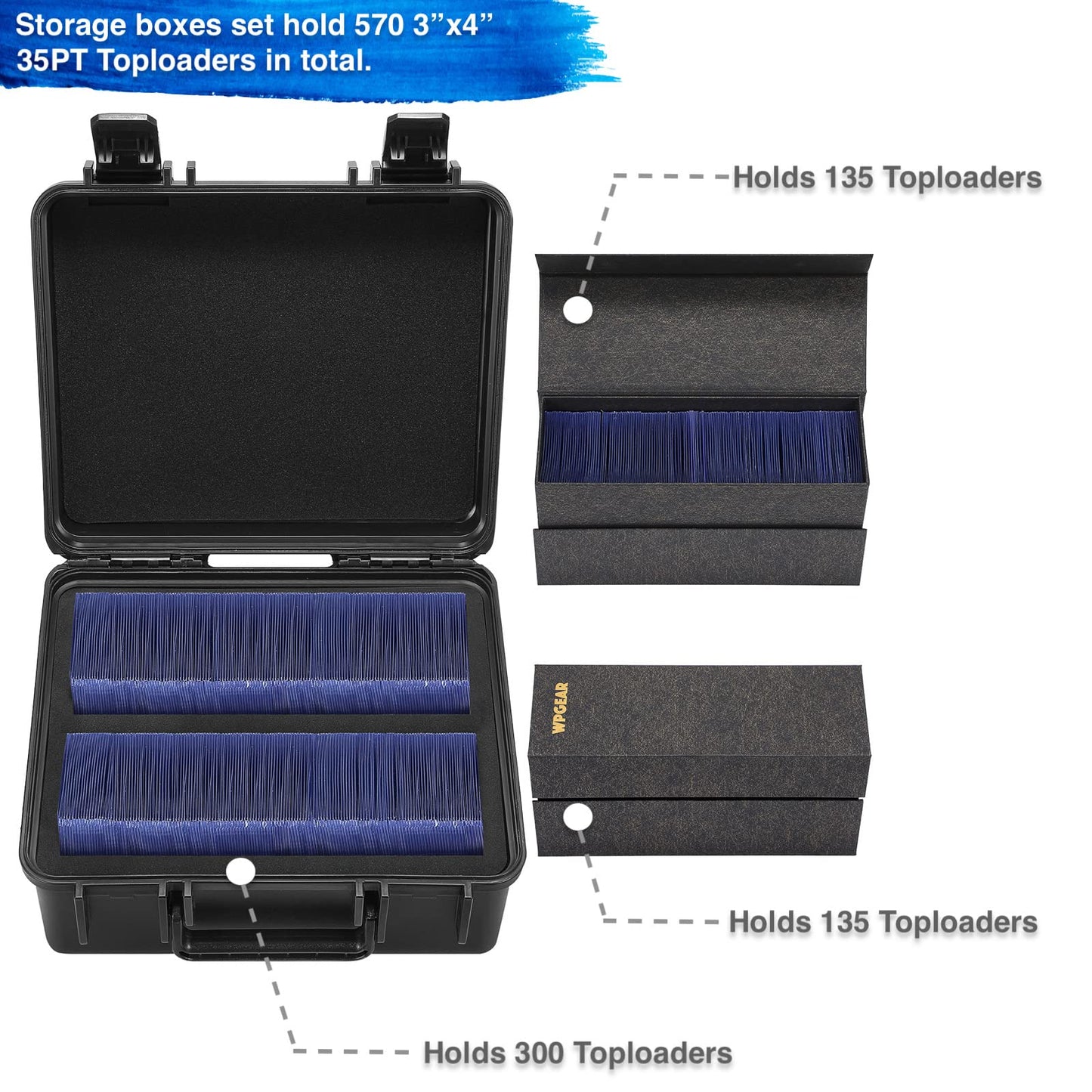 WPGEAR Waterproof Toploader Storage Boxes – Rugged Case Set for 570 3x4 35PT Toploaders and 115 One-Touch Card Holders