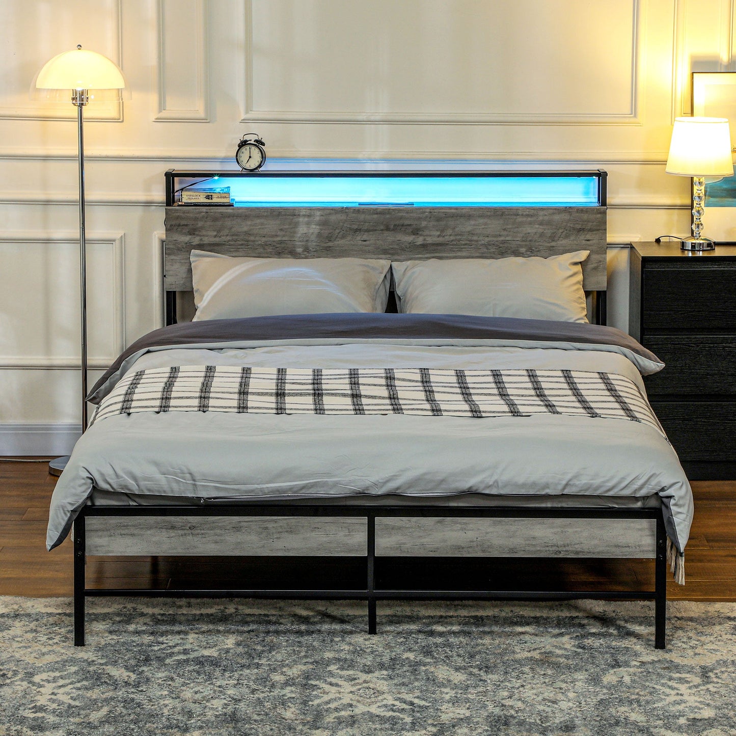 HOMCOM LED Double Bed Frame with Charging Station, 135 x 190cm, Cement Grey