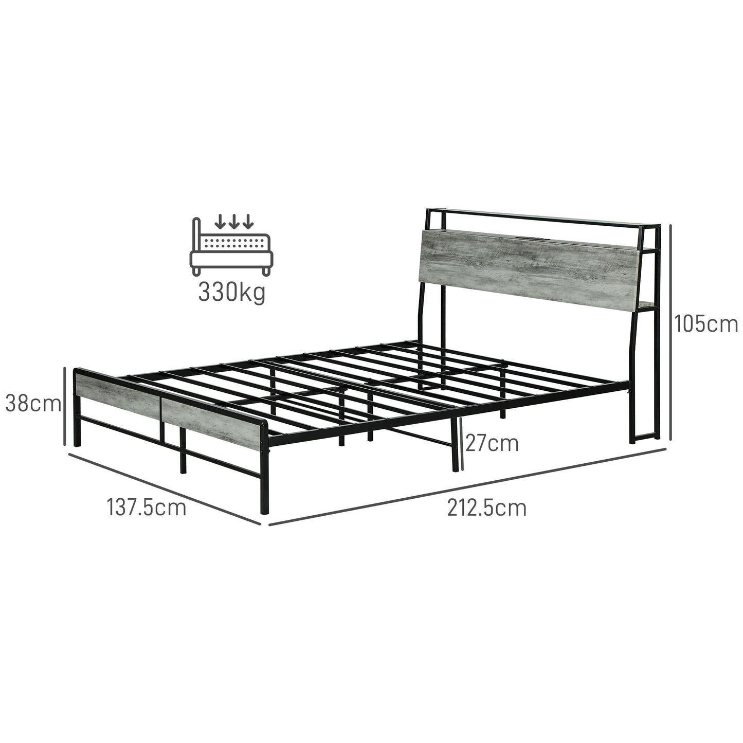 HOMCOM LED Double Bed Frame with Charging Station, 135 x 190cm, Cement Grey