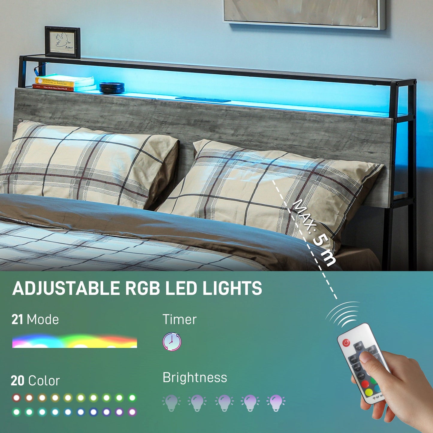 HOMCOM LED Double Bed Frame with Charging Station, 135 x 190cm, Cement Grey