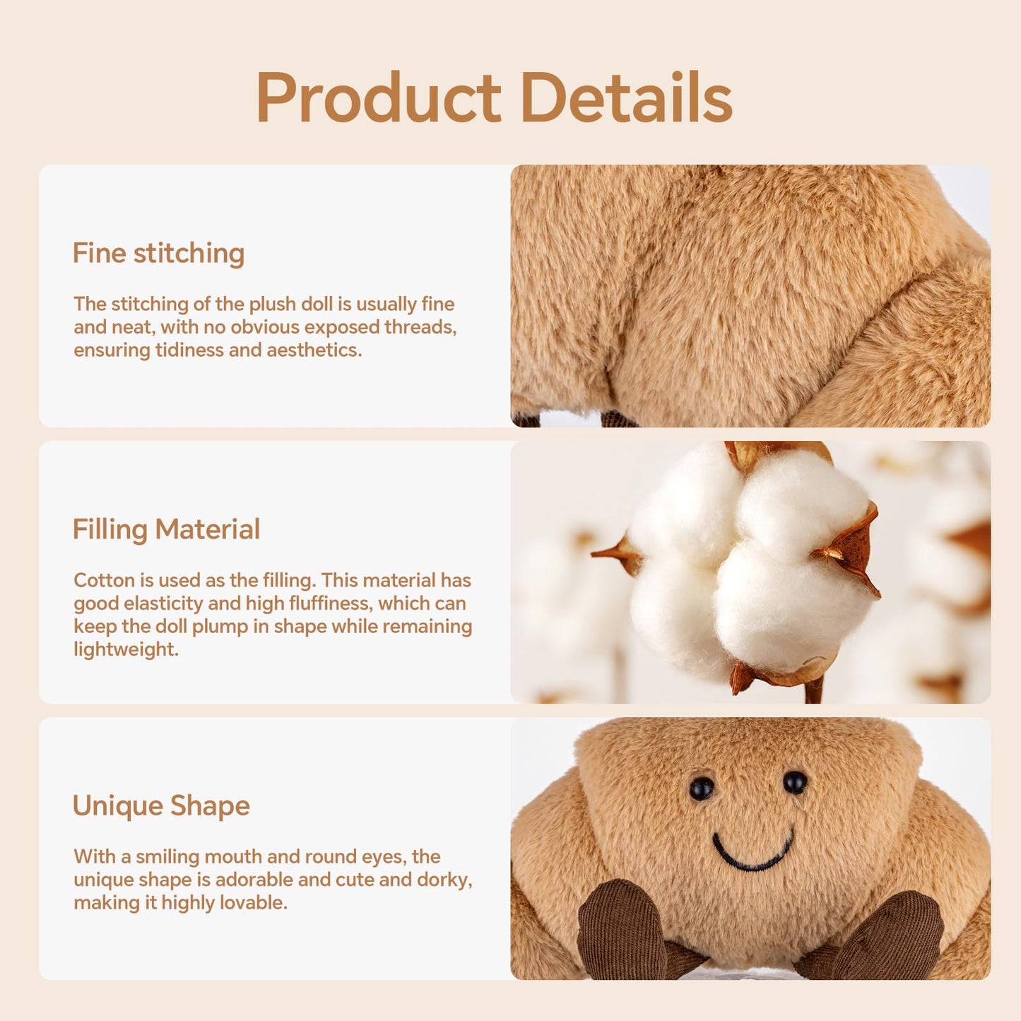 WqWqian Croissant Plush Toy - 14-Inch Soft Stuffed Croissant Pillow for Kids & Adults