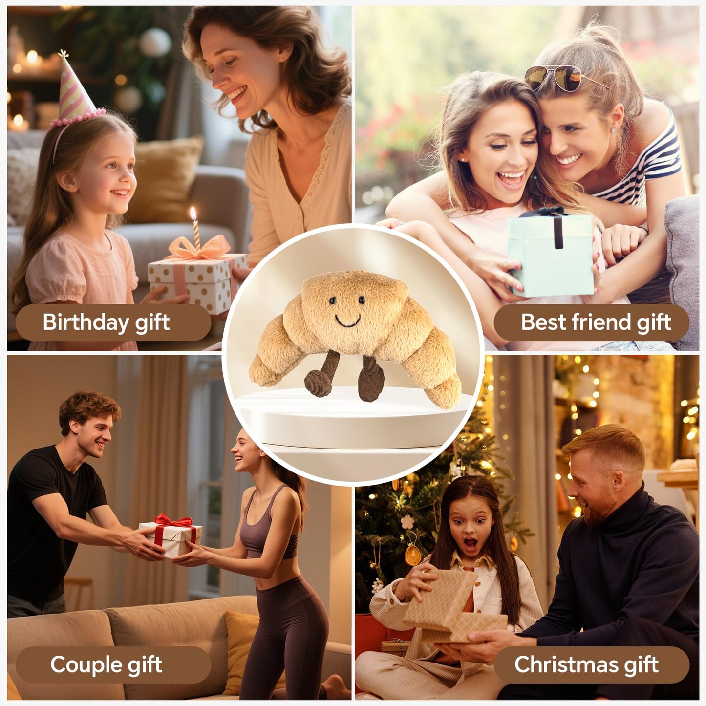 WqWqian Croissant Plush Toy - 14-Inch Soft Stuffed Croissant Pillow for Kids & Adults