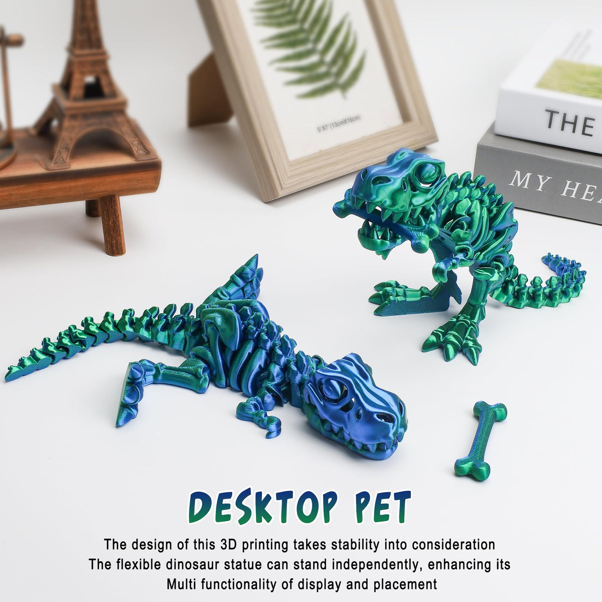 WQXWNFBA 3D Printed Dinosaur Bones – Articulated T-Rex Skeletons & Dragon Fidget Toy (Green-Blue)