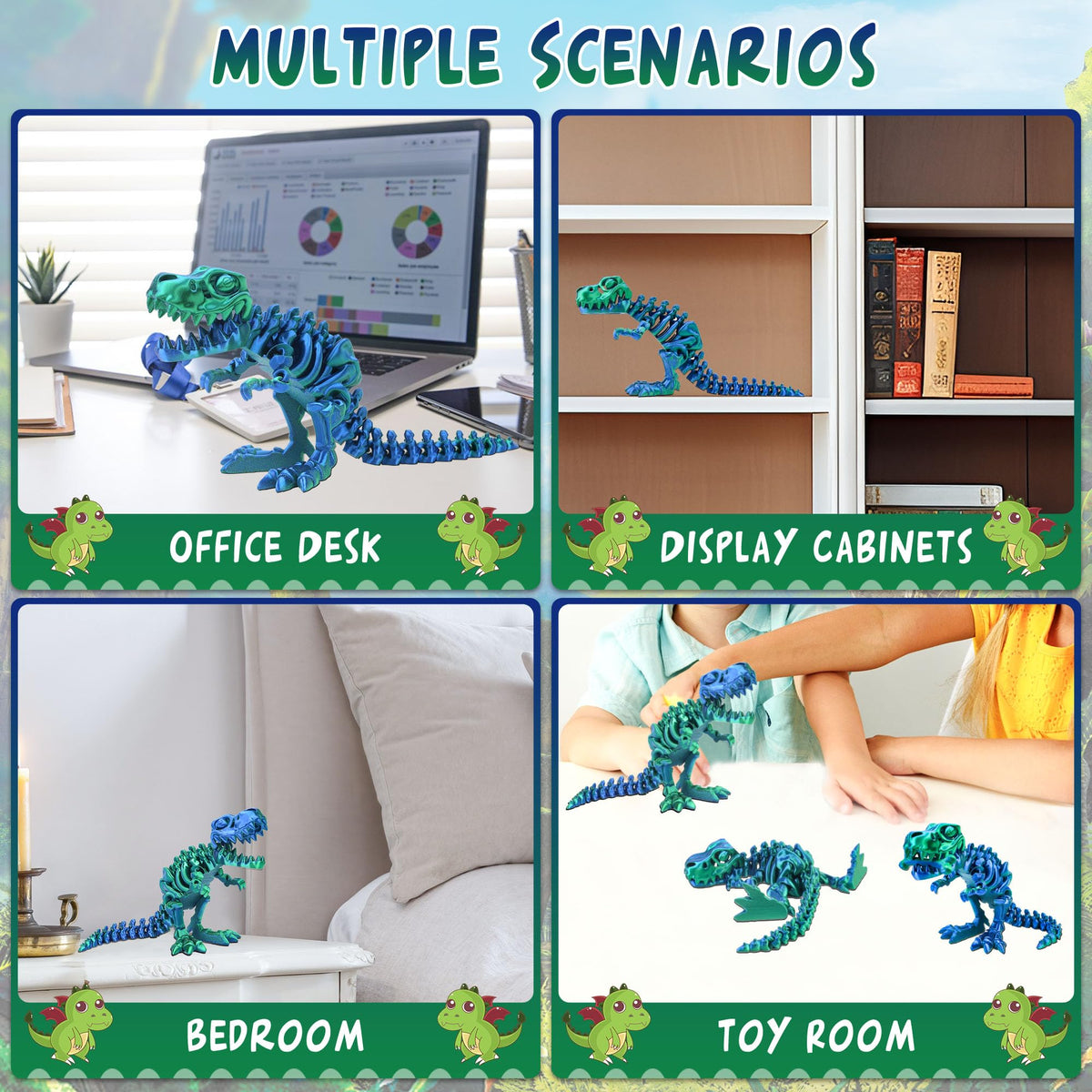WQXWNFBA 3D Printed Dinosaur Bones – Articulated T-Rex Skeletons & Dragon Fidget Toy (Green-Blue)