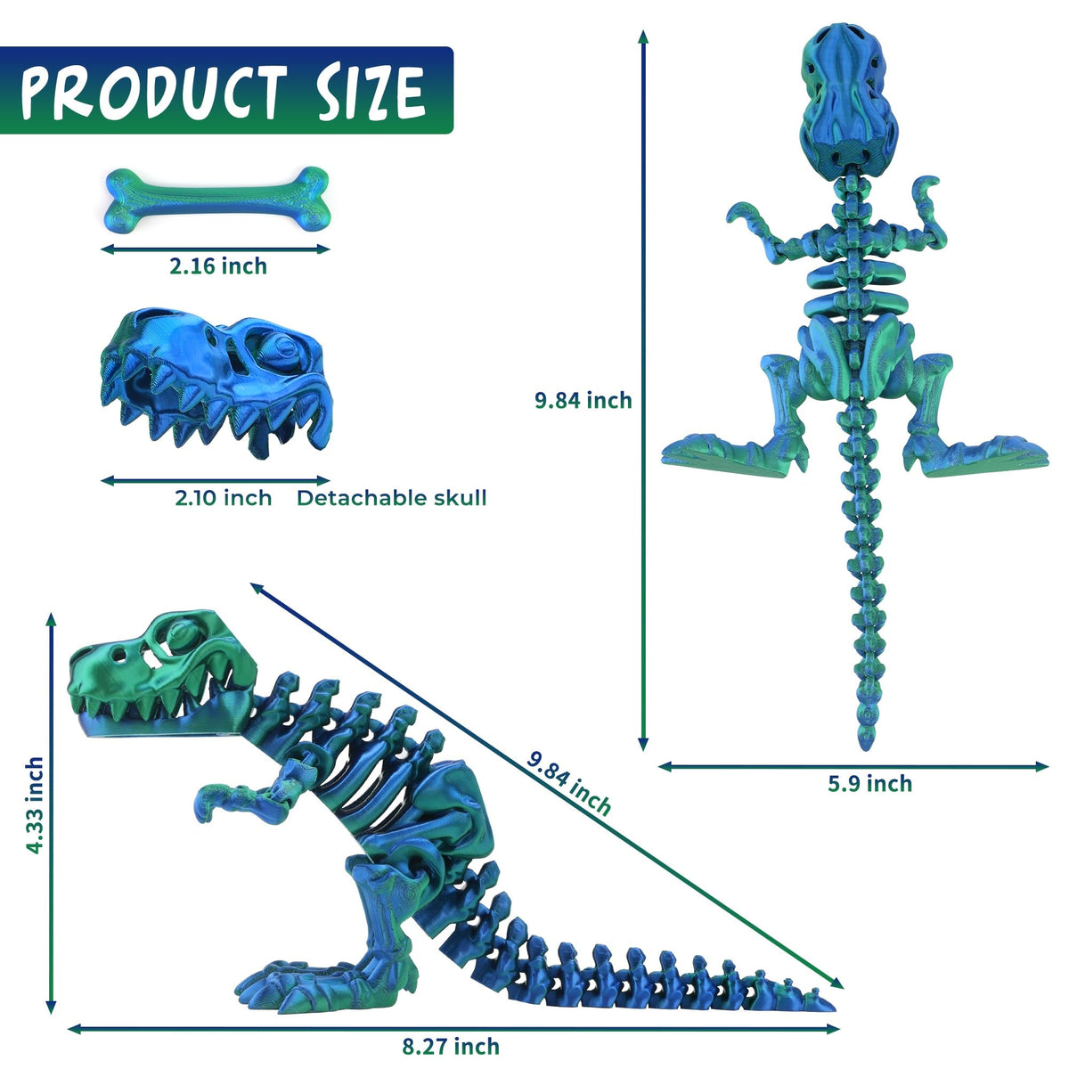 WQXWNFBA 3D Printed Dinosaur Bones – Articulated T-Rex Skeletons & Dragon Fidget Toy (Green-Blue)