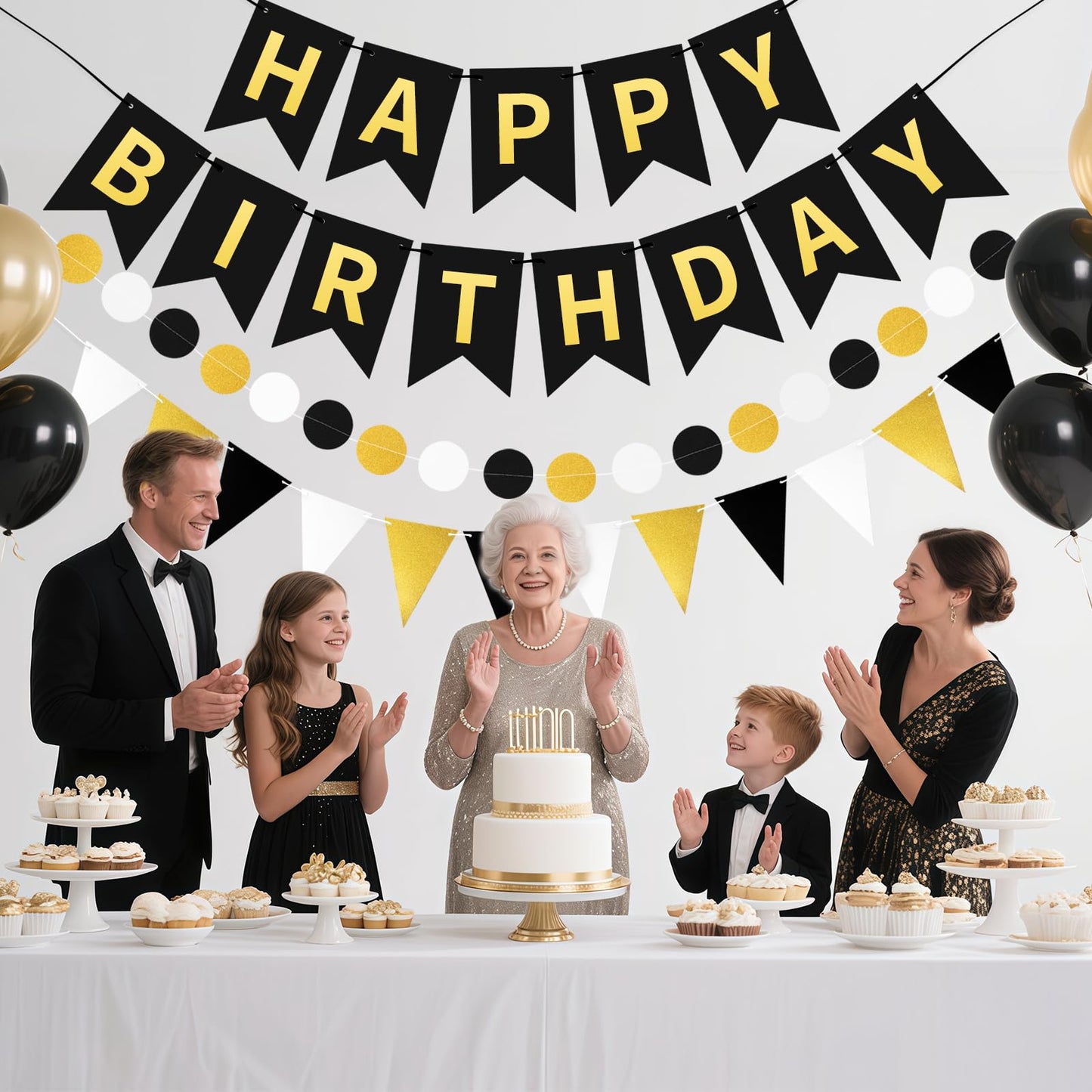 WRICHEAR Black Gold Happy Birthday Banner - Elegant Party Decorations