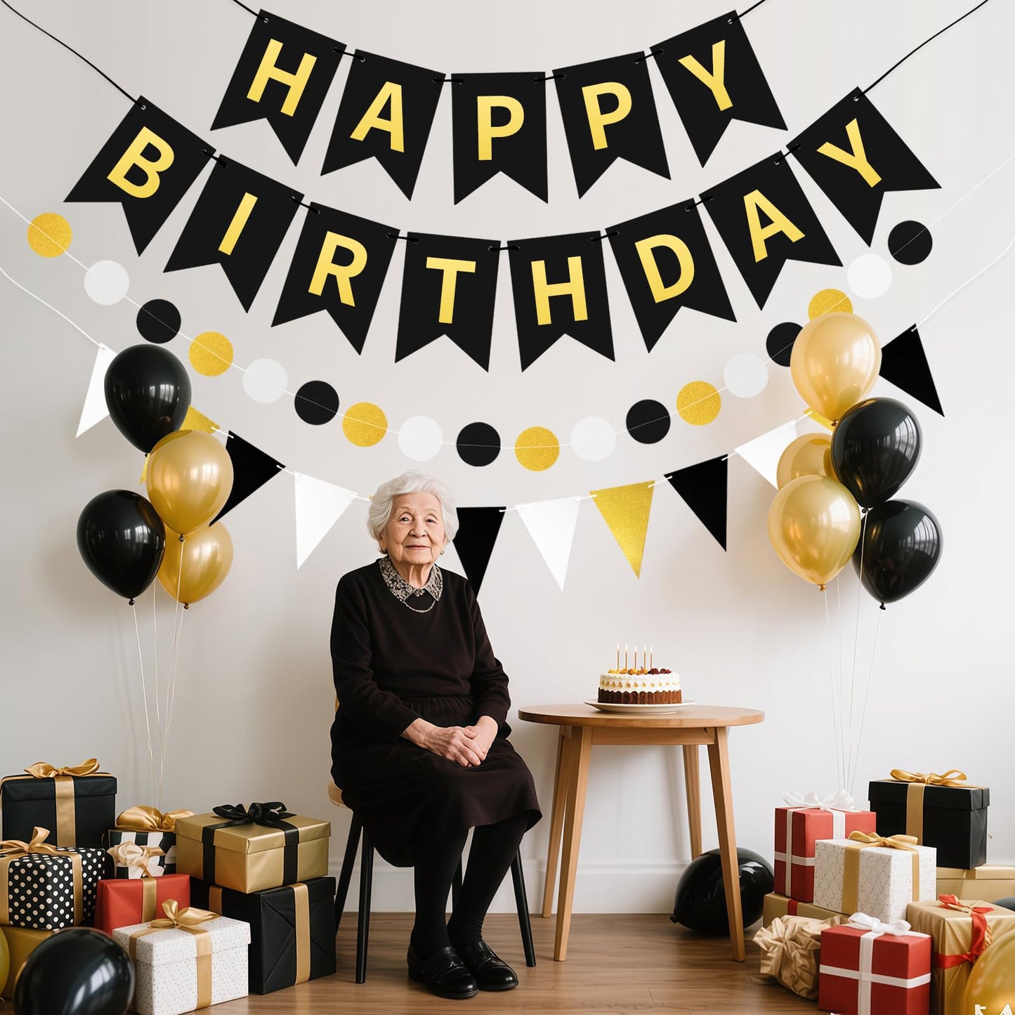 WRICHEAR Black Gold Happy Birthday Banner - Elegant Party Decorations