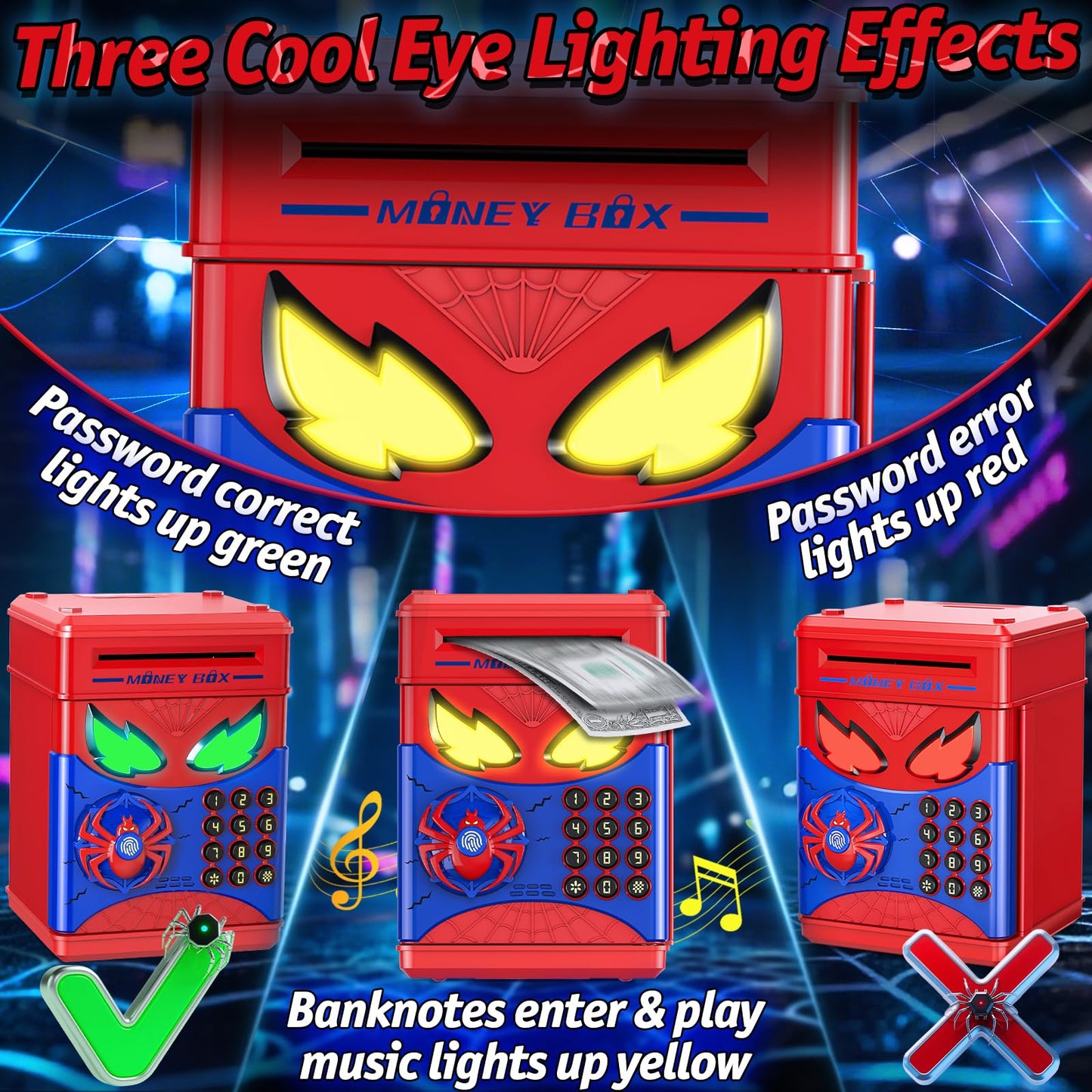 Wrystte Spider Piggy Bank for Kids — Fingerprint Security, LED Eyes, and Easy Savings