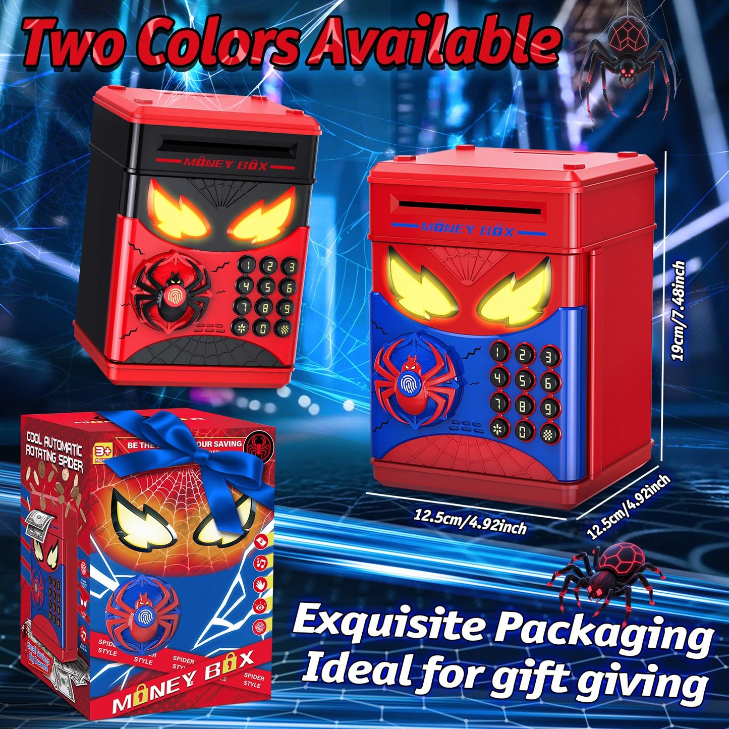 Wrystte Spider Piggy Bank for Kids — Fingerprint Security, LED Eyes, and Easy Savings