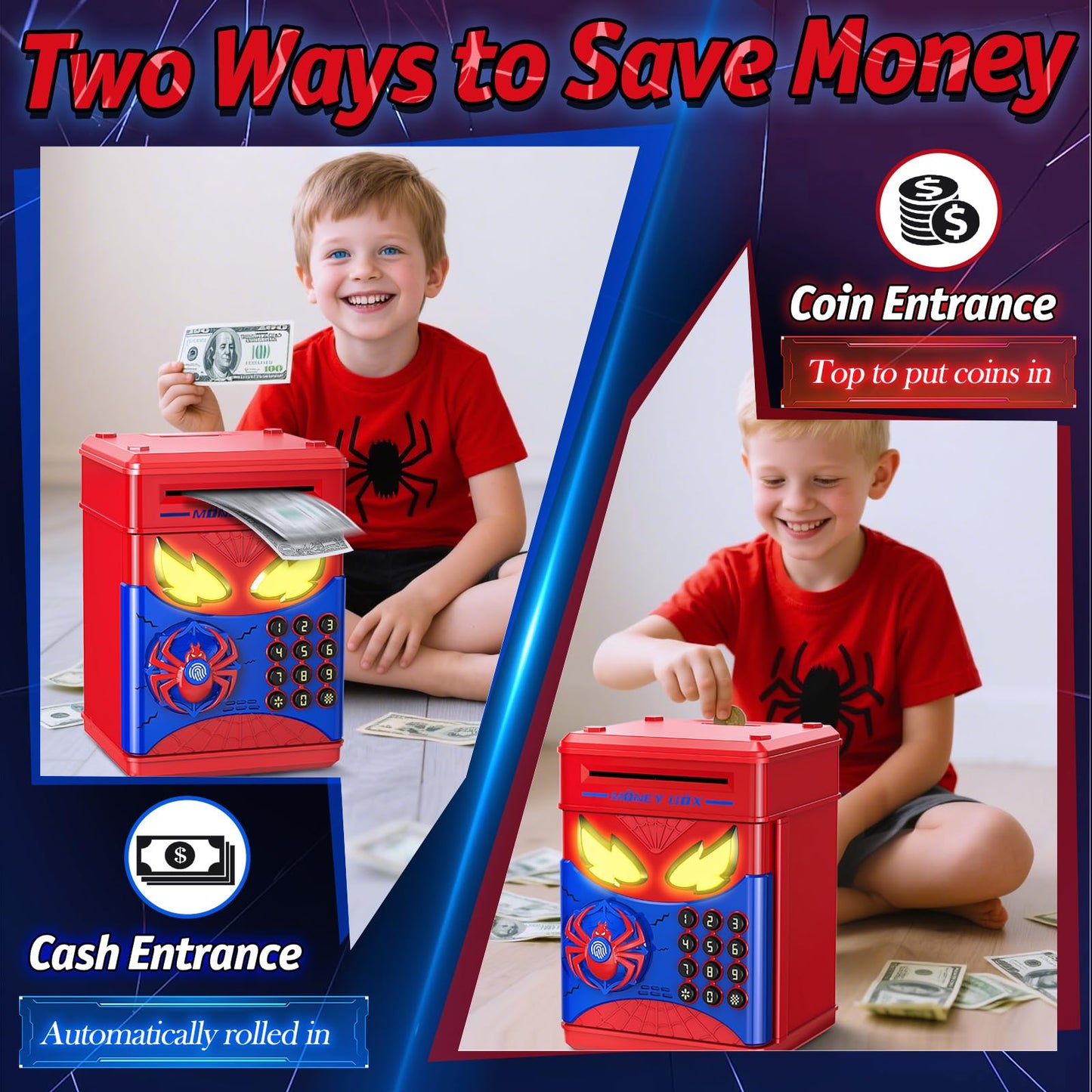 Wrystte Spider Piggy Bank for Kids — Fingerprint Security, LED Eyes, and Easy Savings