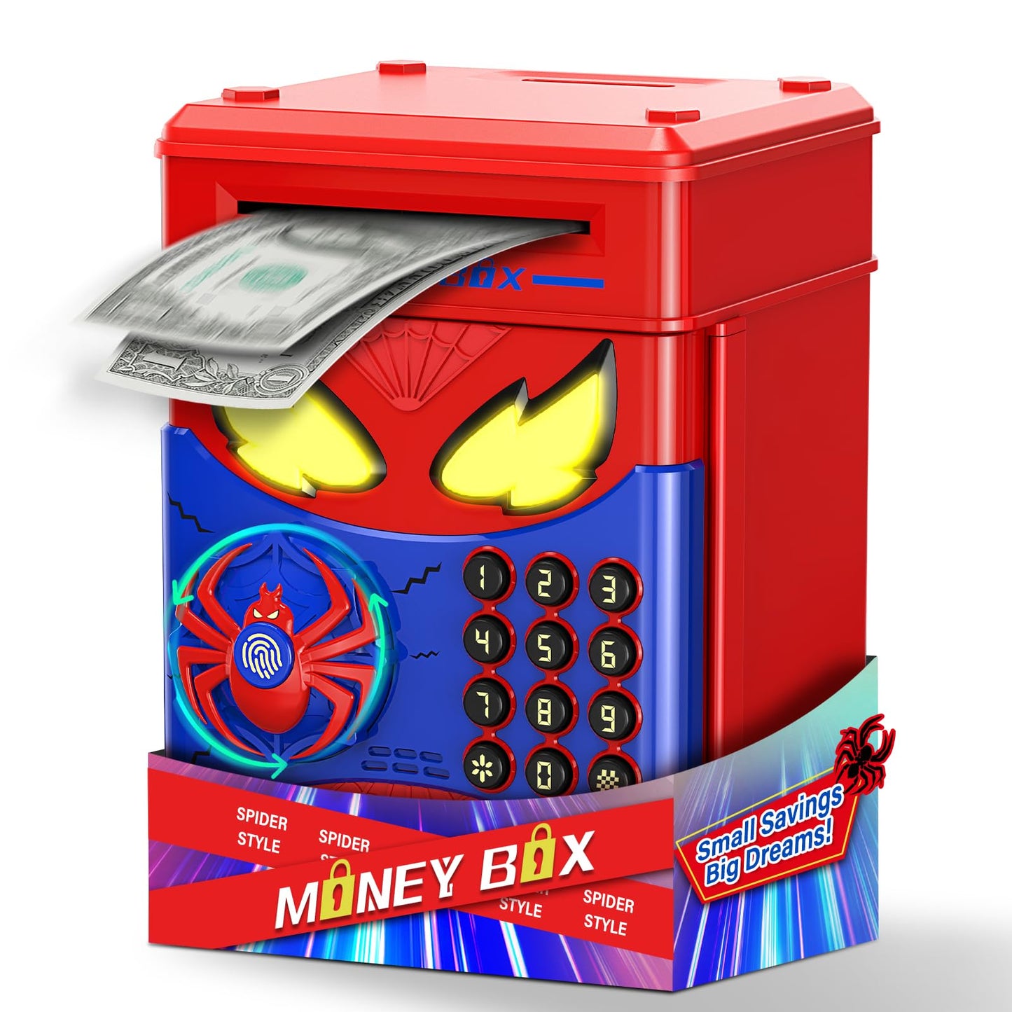 Wrystte Spider Piggy Bank for Kids — Fingerprint Security, LED Eyes, and Easy Savings