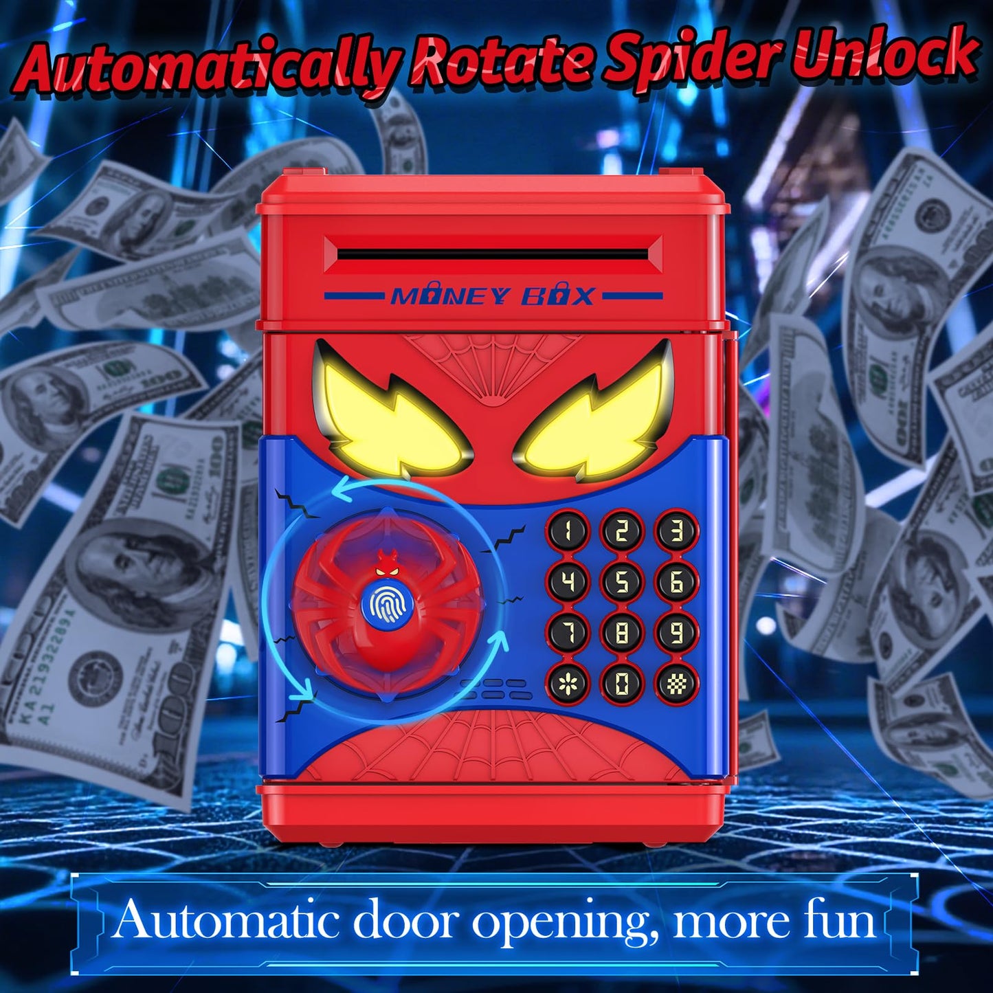 Wrystte Spider Piggy Bank for Kids — Fingerprint Security, LED Eyes, and Easy Savings