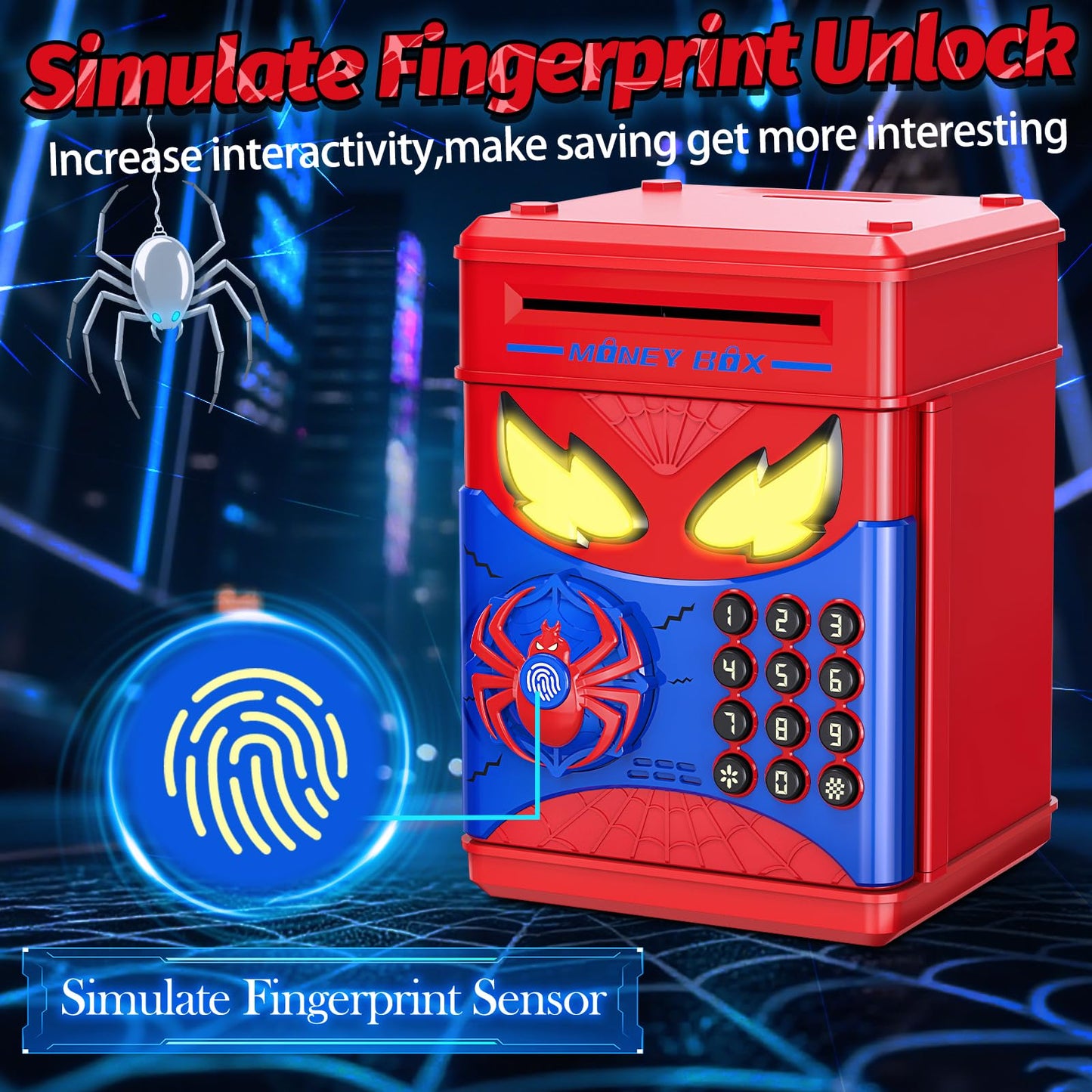 Wrystte Spider Piggy Bank for Kids — Fingerprint Security, LED Eyes, and Easy Savings