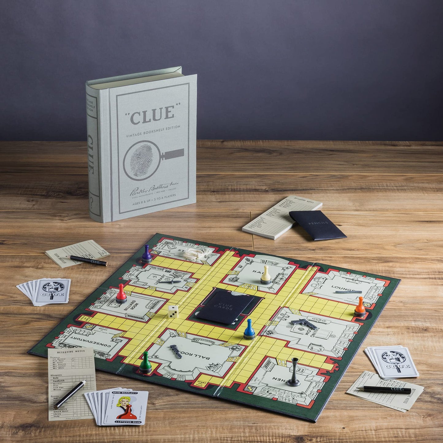 WS Game Company Clue Vintage Bookshelf Edition – Linen Book Box, Die-Cast Weapons & Wood Movers