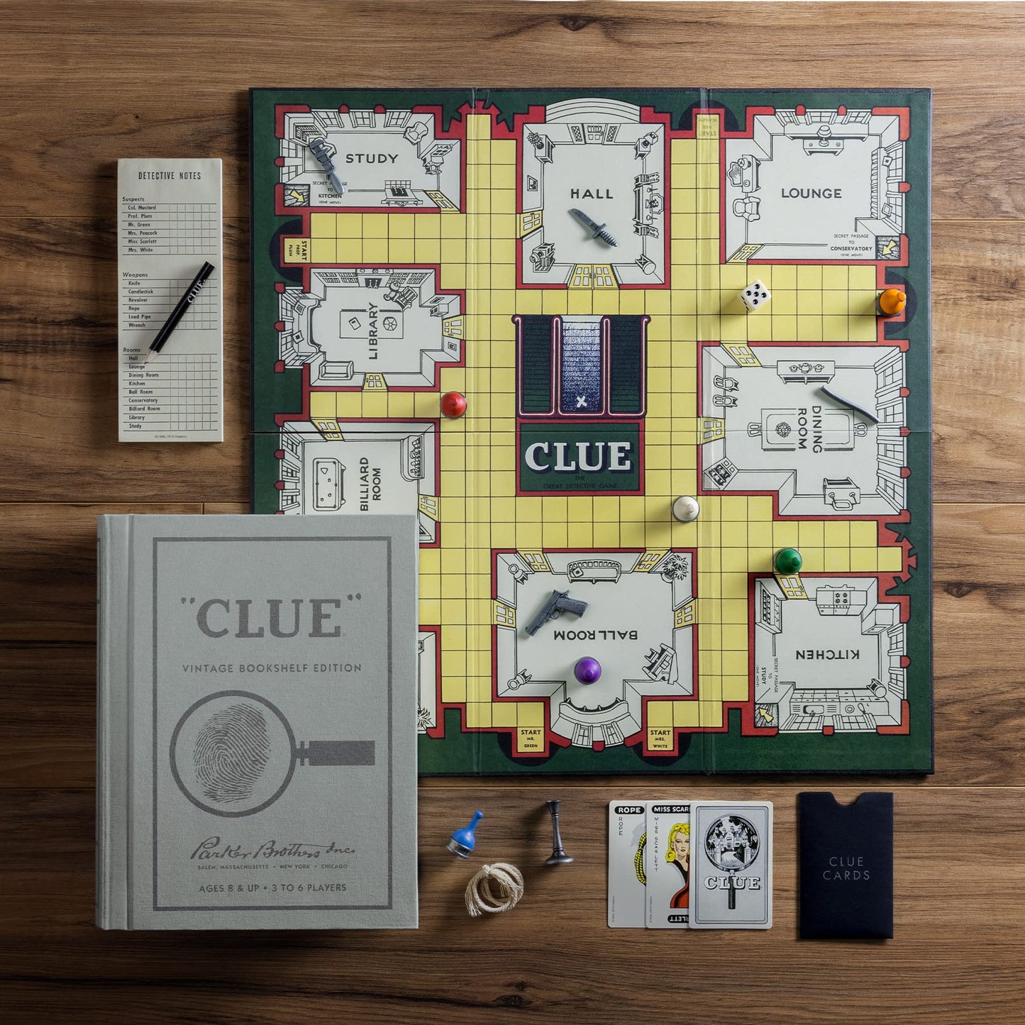 WS Game Company Clue Vintage Bookshelf Edition – Linen Book Box, Die-Cast Weapons & Wood Movers