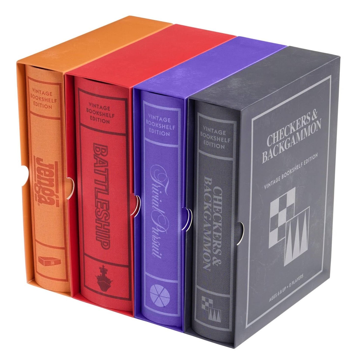 WS Game Company Vintage Bookshelf Board Games Collection — Battleship, Trivial Pursuit, Jenga, Checkers & Backgammon