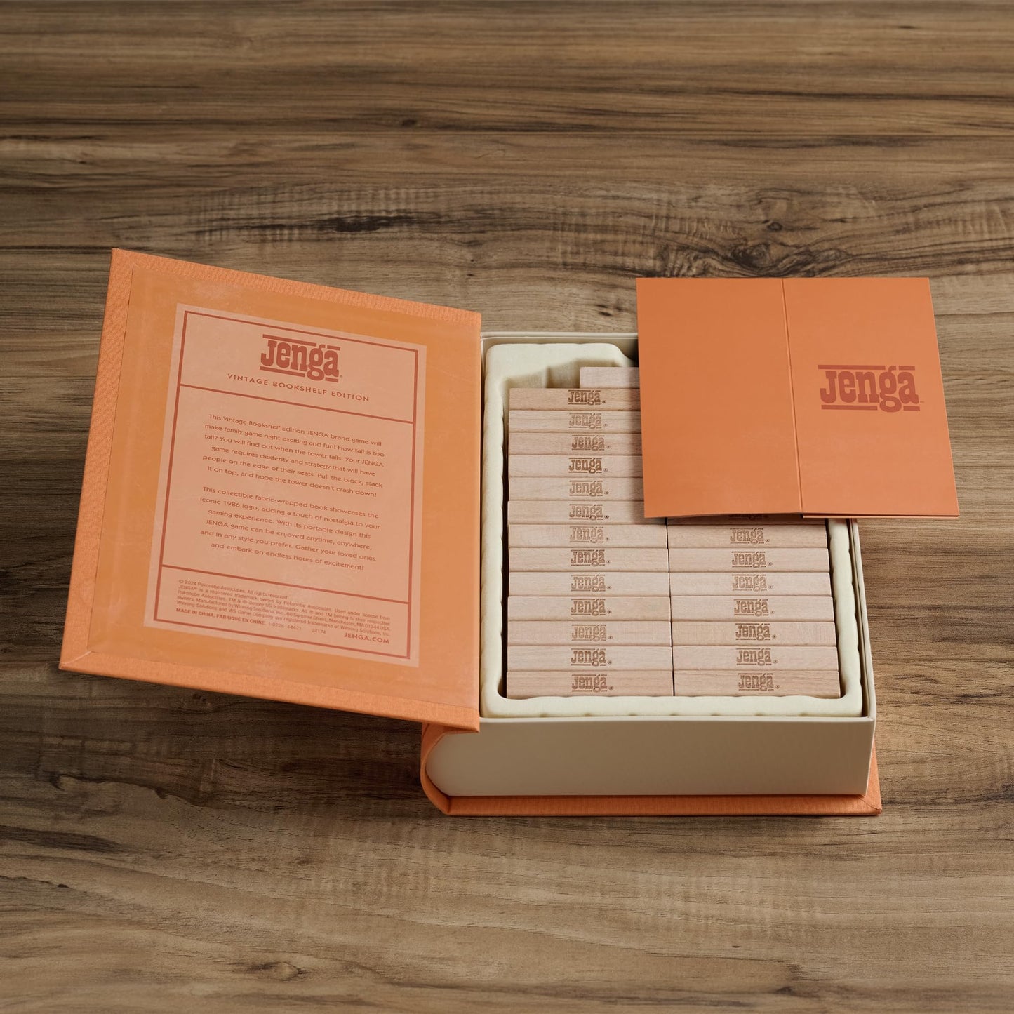 WS Game Company Jenga Vintage Bookshelf Edition – Linen Wrapped Box, 54 Hardwood Blocks