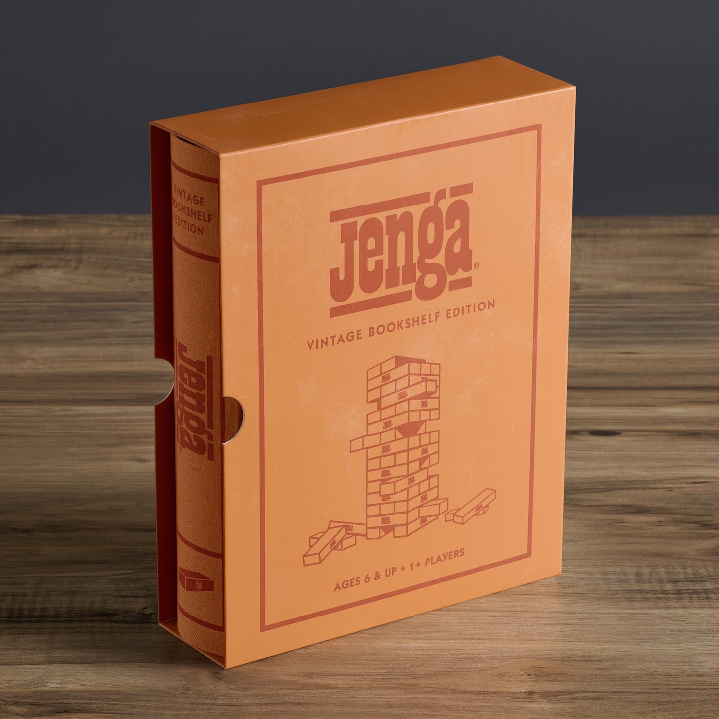 WS Game Company Jenga Vintage Bookshelf Edition – Linen Wrapped Box, 54 Hardwood Blocks