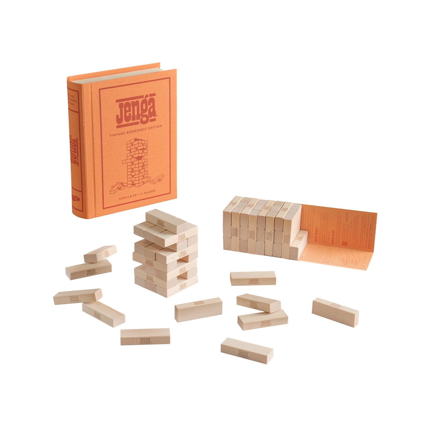 WS Game Company Jenga Vintage Bookshelf Edition – Linen Wrapped Box, 54 Hardwood Blocks