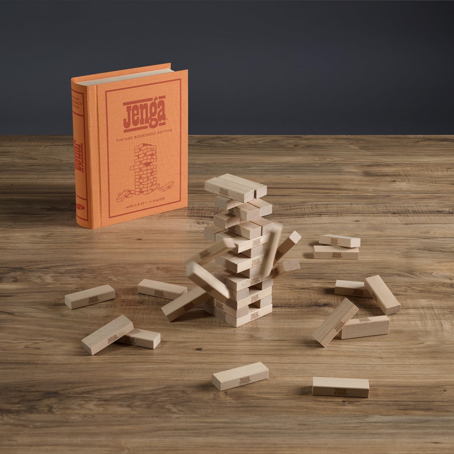 WS Game Company Jenga Vintage Bookshelf Edition – Linen Wrapped Box, 54 Hardwood Blocks