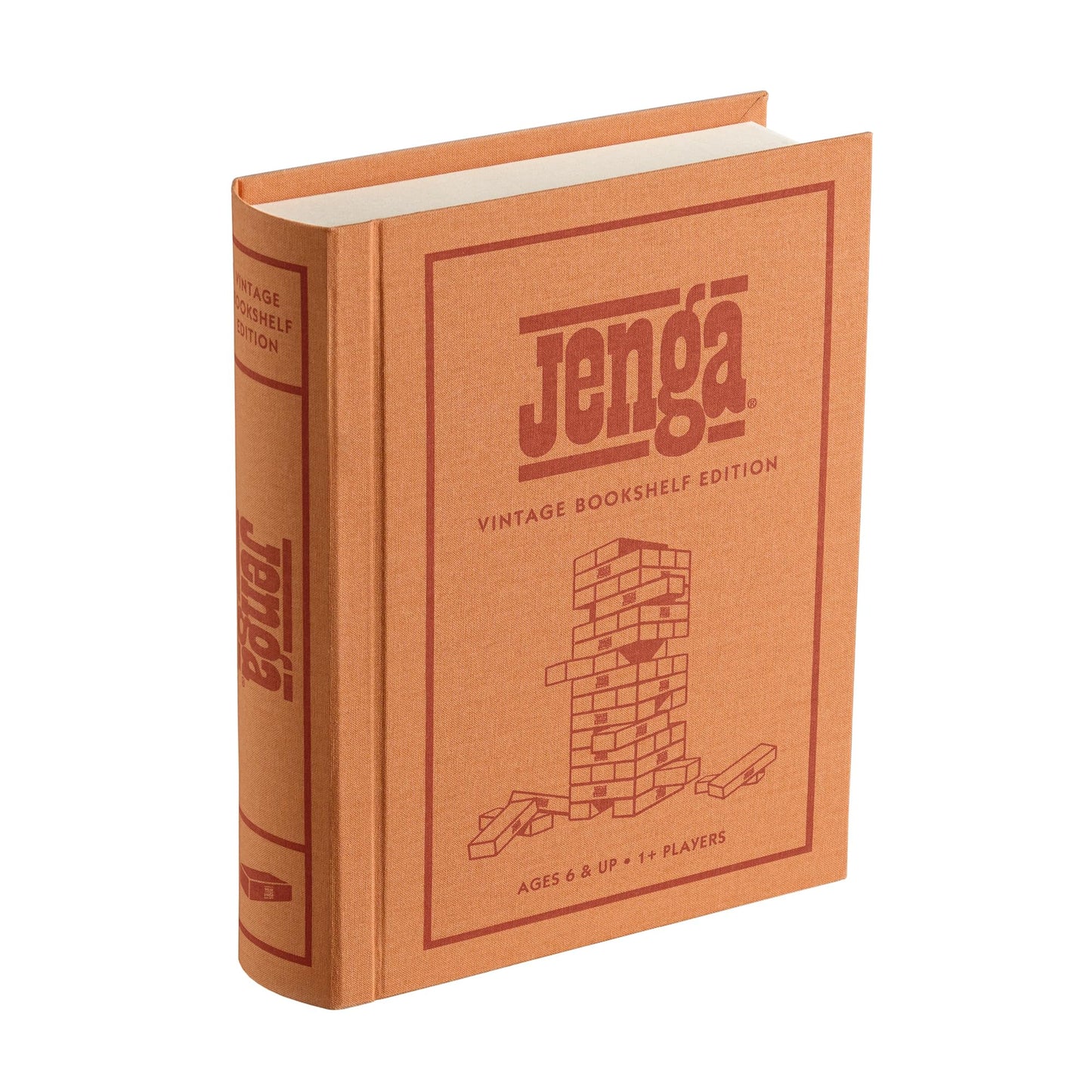 WS Game Company Jenga Vintage Bookshelf Edition – Linen Wrapped Box, 54 Hardwood Blocks